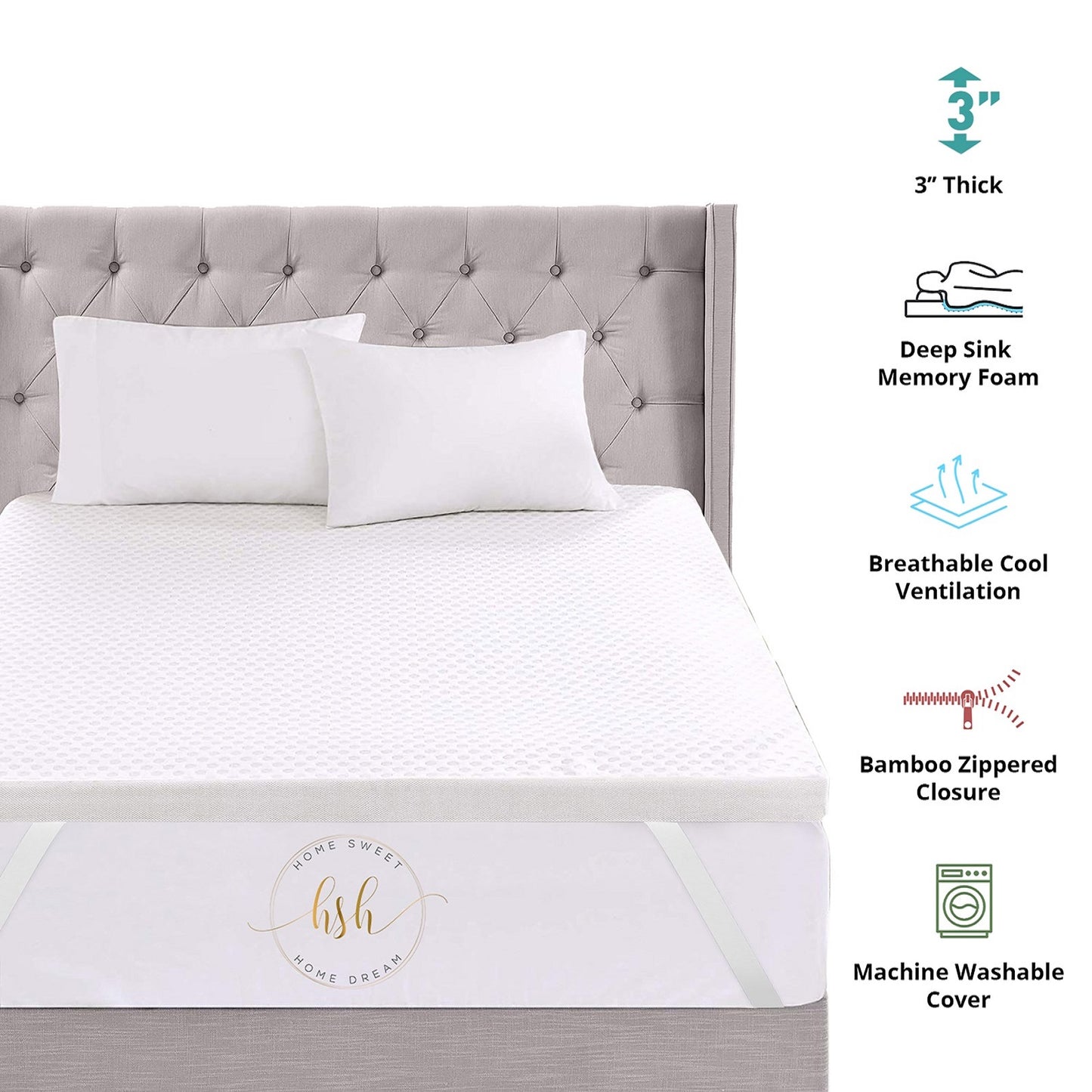Home Sweet Home 3" Inch Memory Foam Mattress Topper With Removable Viscose Cover