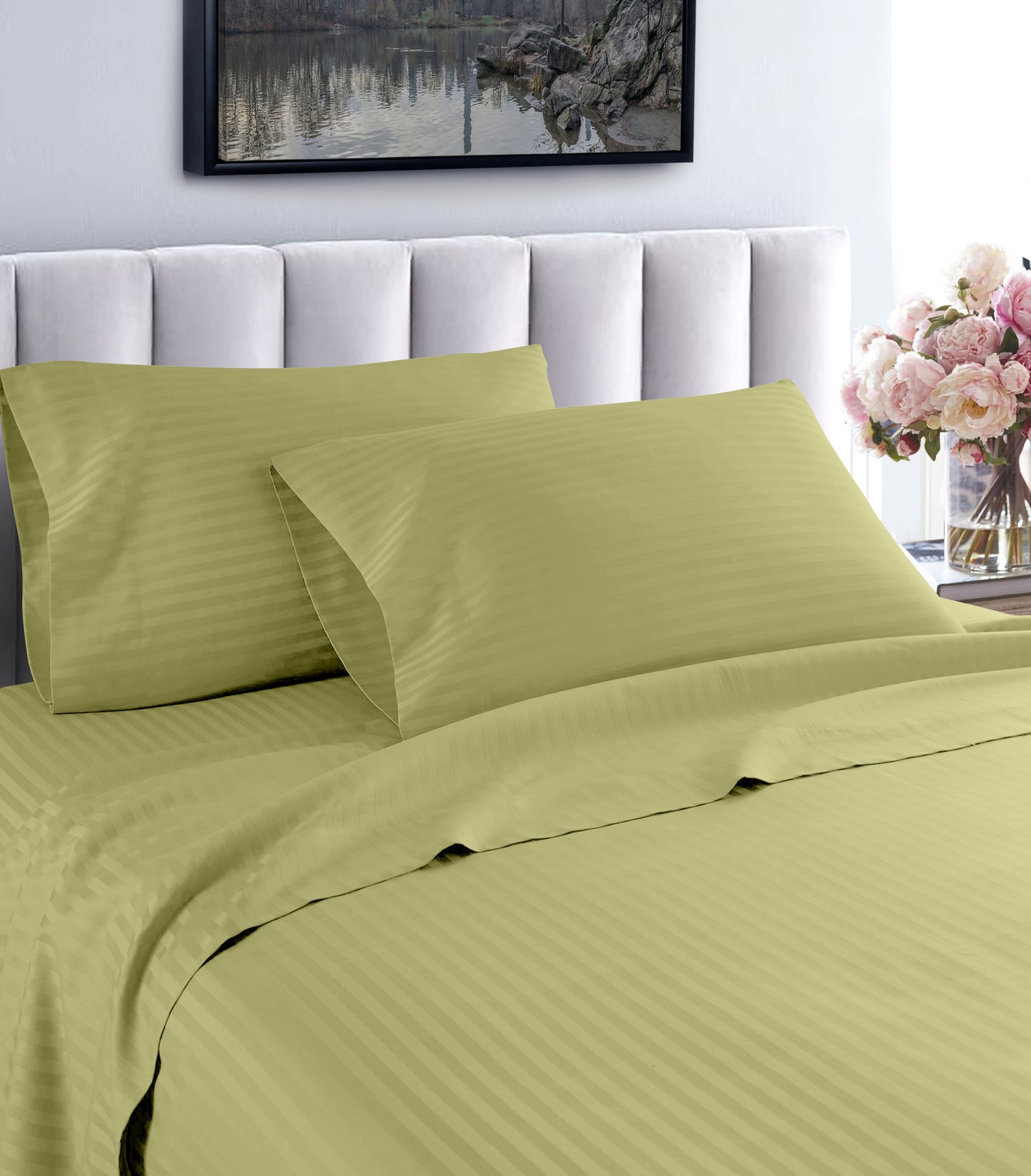 Sábanas de algodón a rayas estilo hotel de 1200 hilos Life Style – Juego de cama de lujo con bolsillos profundos