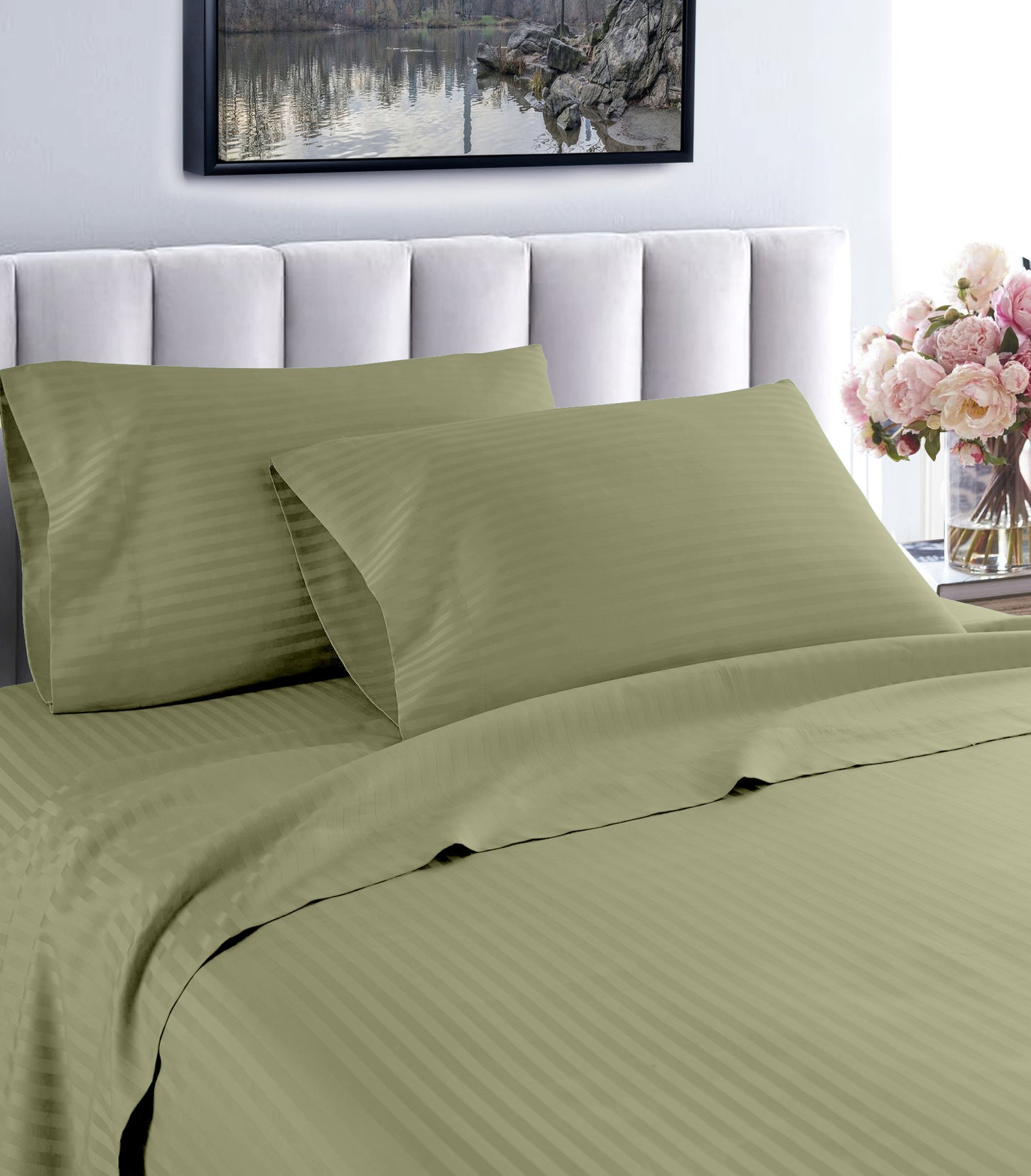 1000 thread count Egyptian cotton striped sheet set olive green