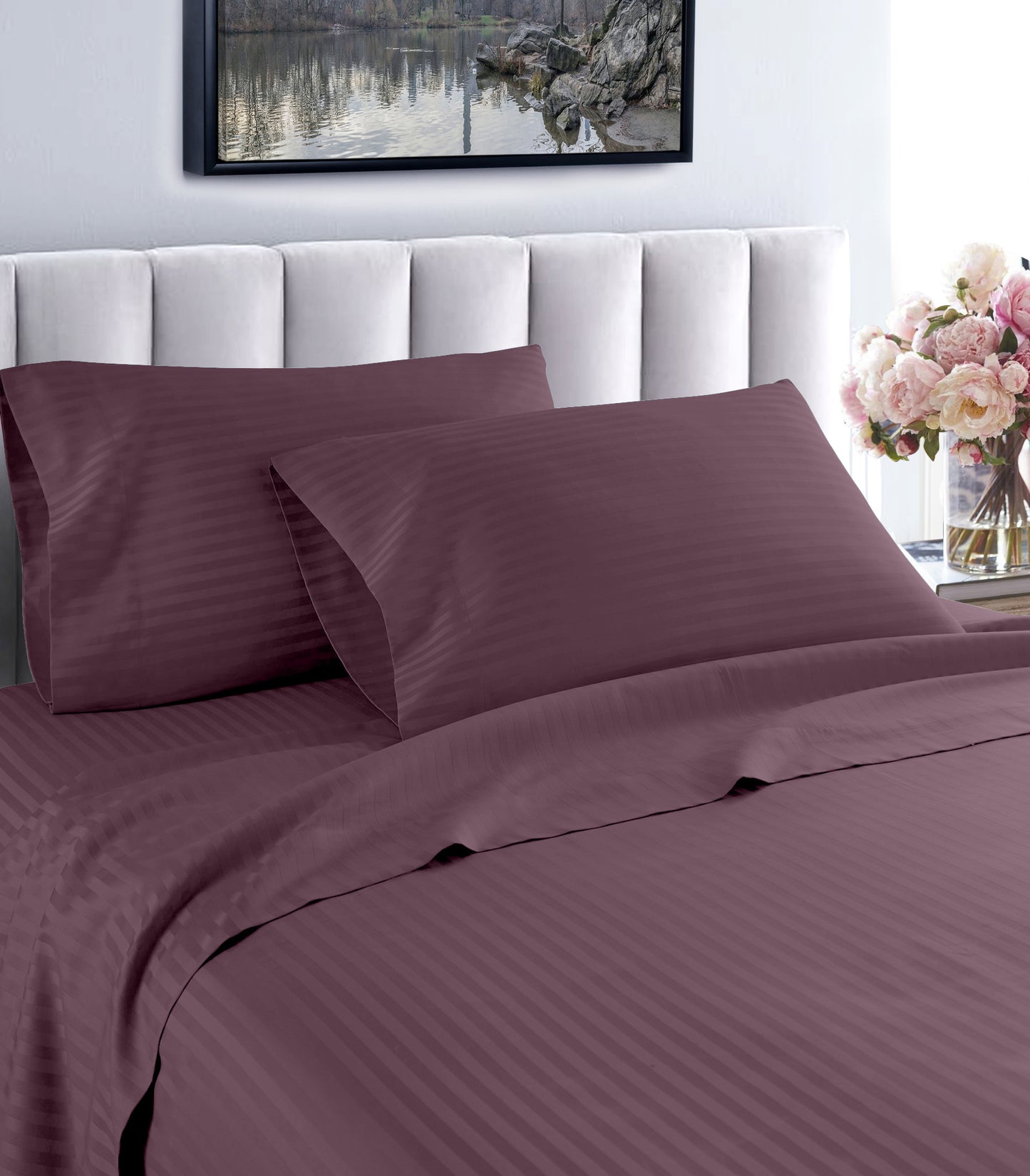Sábanas de algodón a rayas estilo hotel de 1200 hilos Life Style – Juego de cama de lujo con bolsillos profundos