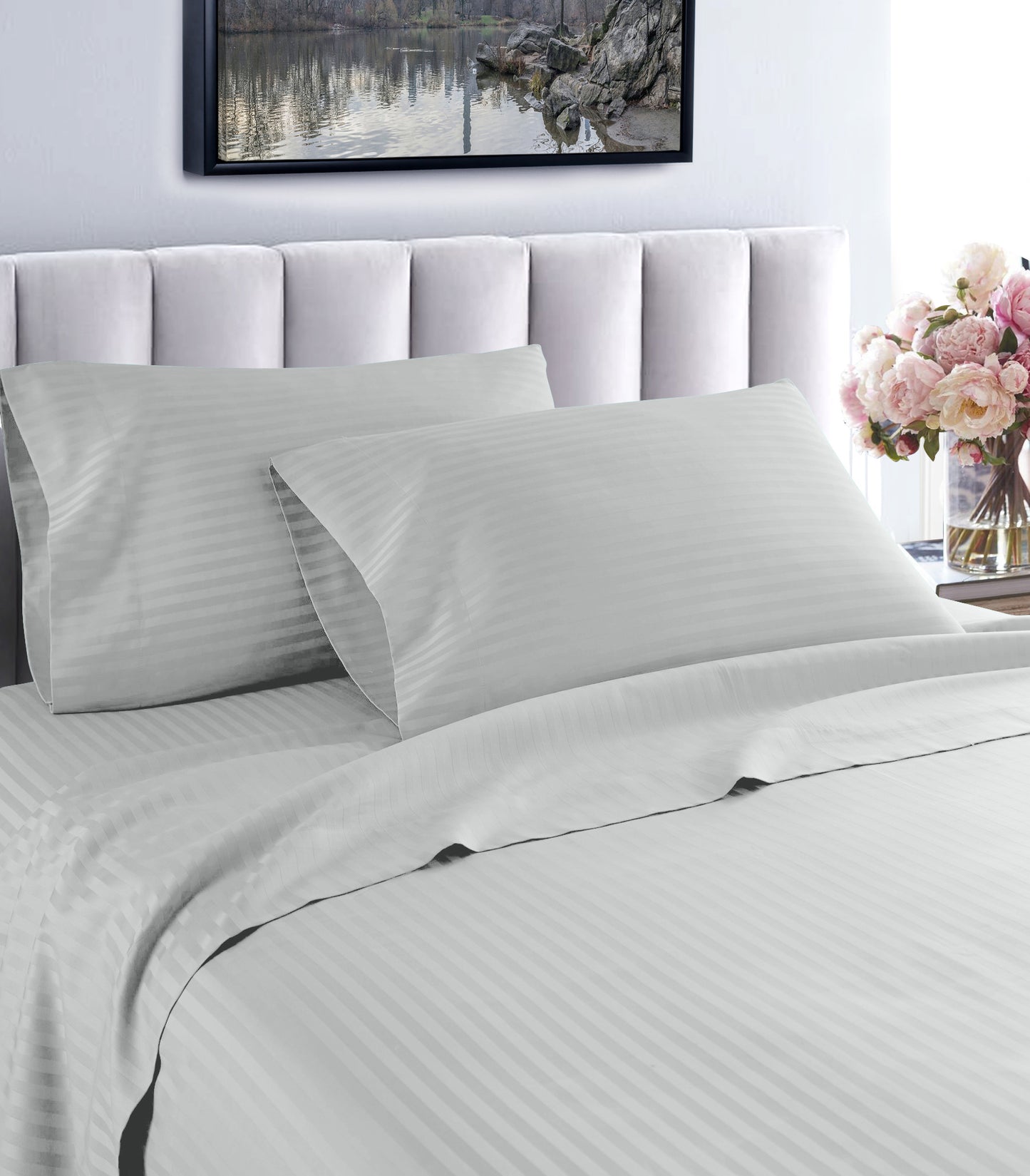 Sábanas de algodón a rayas estilo hotel de 1200 hilos Life Style – Juego de cama de lujo con bolsillos profundos