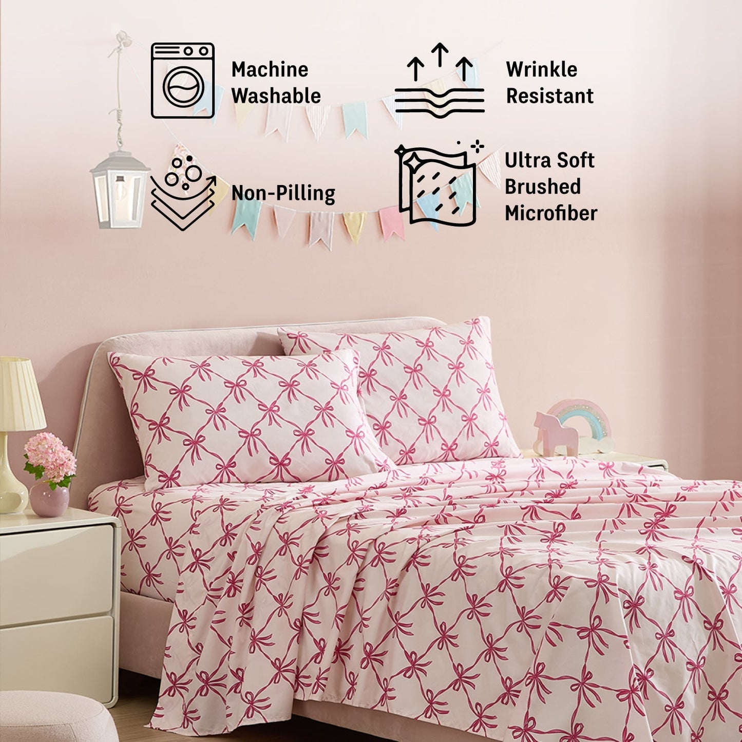 Pink Bows Girls Kids Bed Sheets