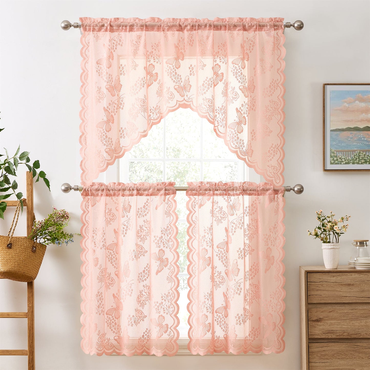 Butterfly Floral Lace Sheer 3 Piece Kitchen Curtains Set Tiers and Swag Set