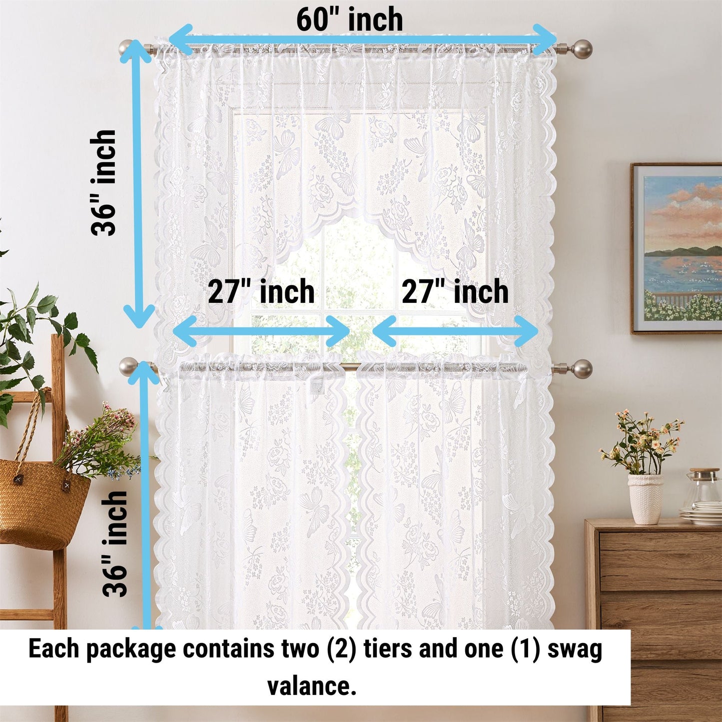 Butterfly Floral Lace Sheer 3 Piece Kitchen Curtains Set Tiers and Swag Set