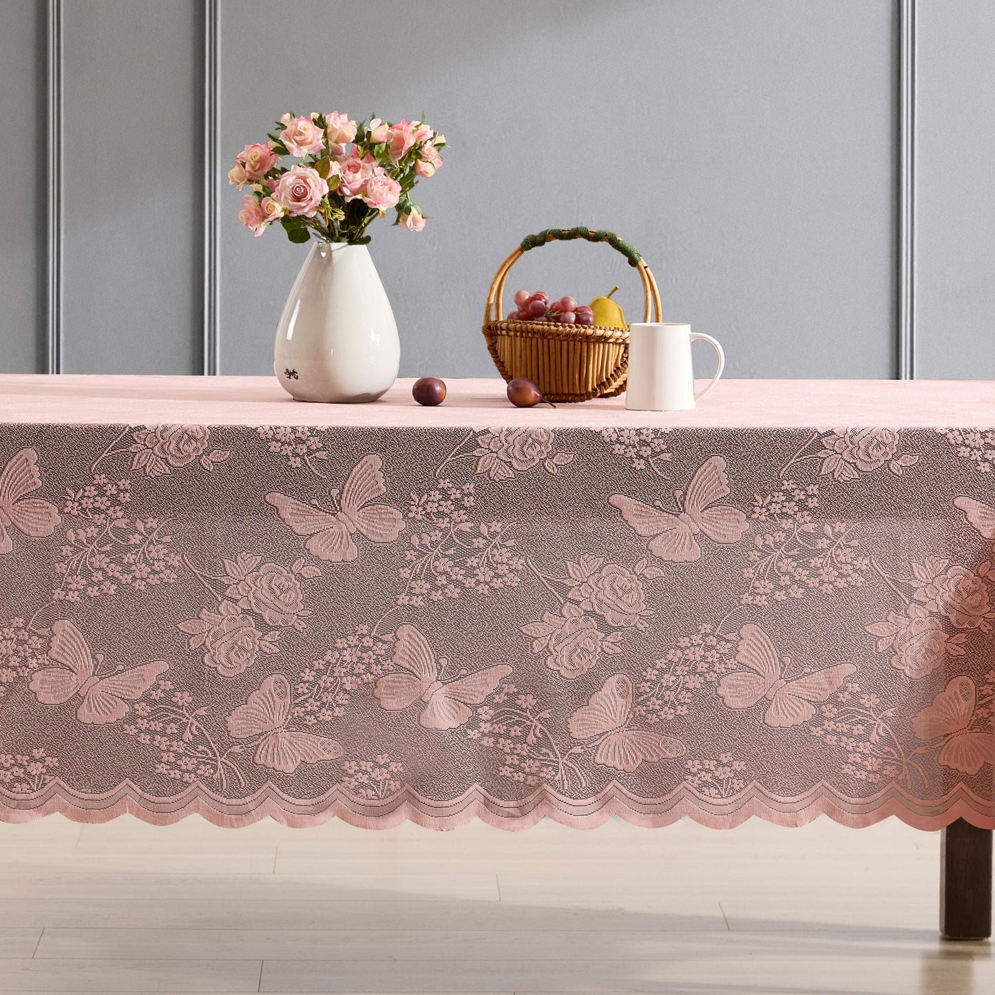 Butterfly Floral Lace Fabric Scalloped Tablecloth