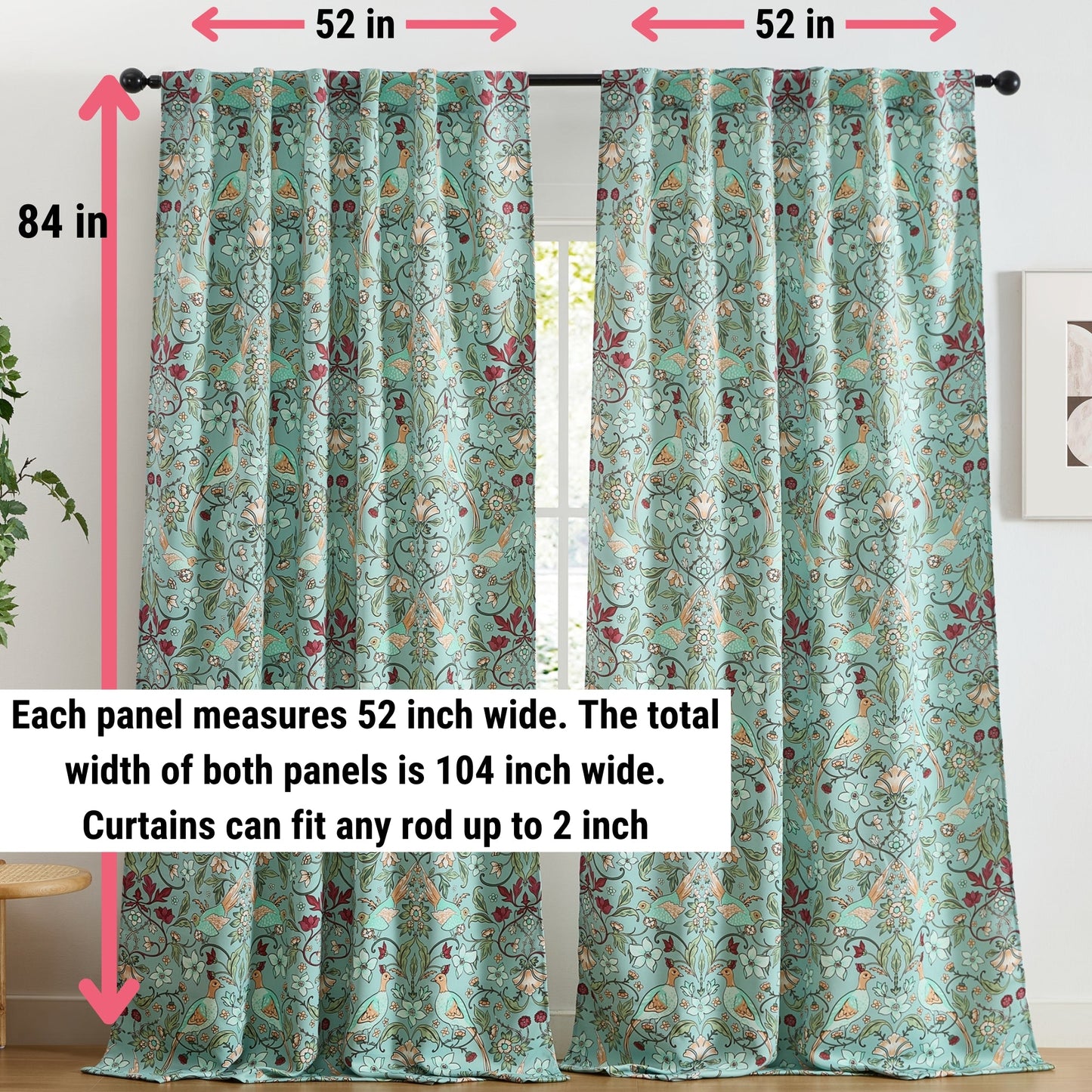 Florence Floral & Birds Room Darkening Curtains - Set of 2