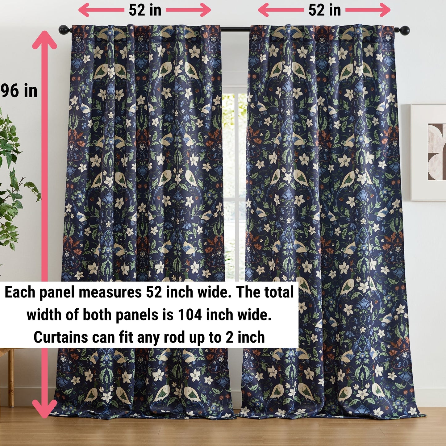 Florence Floral & Birds Room Darkening Curtains - Set of 2