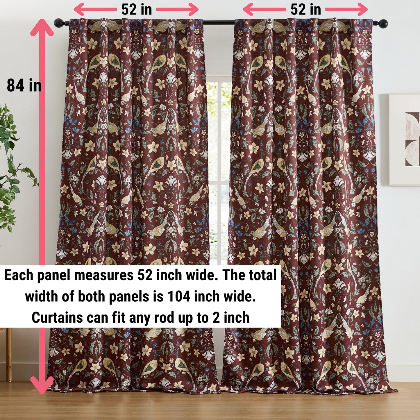 Florence Floral & Birds Room Darkening Curtains - Set of 2