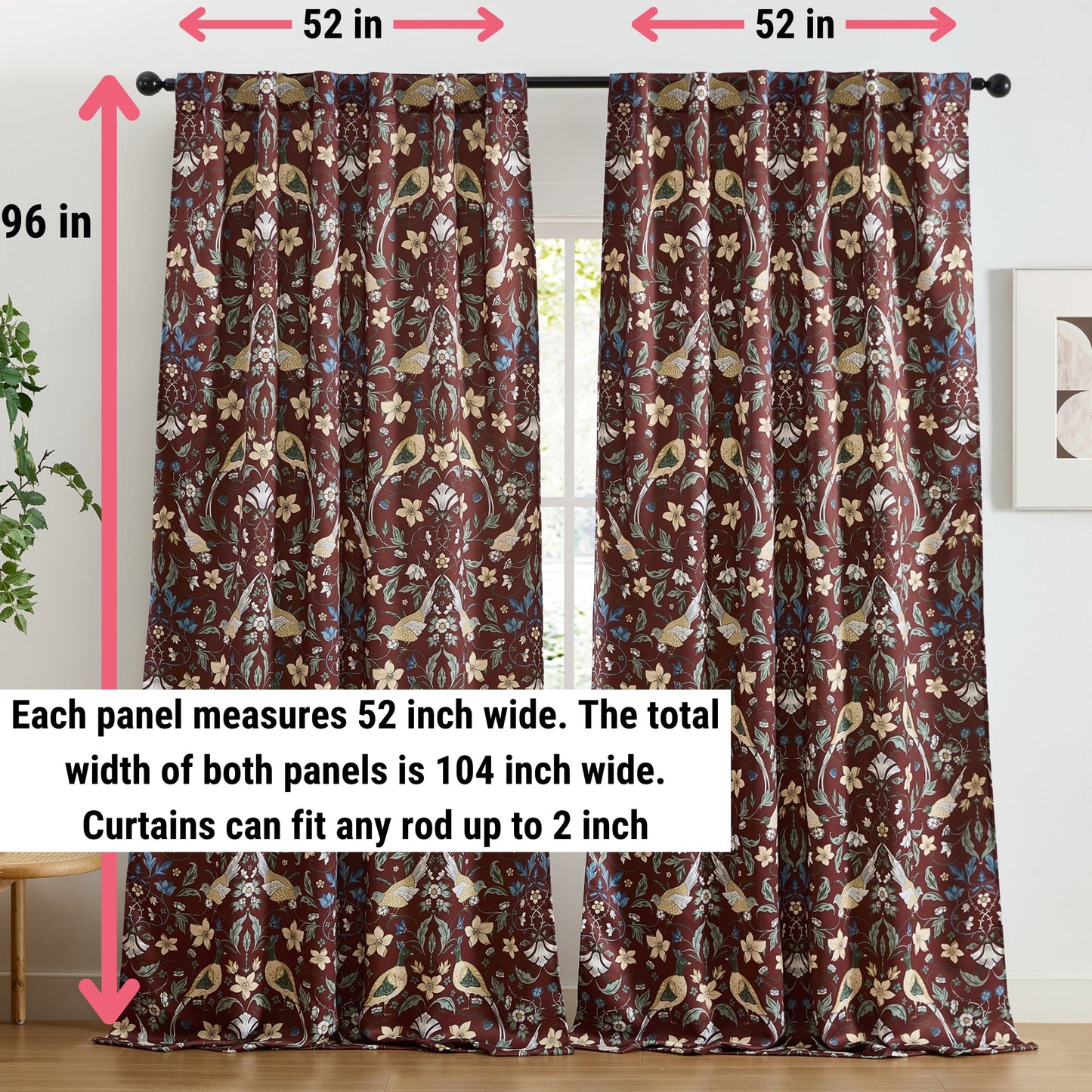 Florence Floral & Birds Room Darkening Curtains - Set of 2