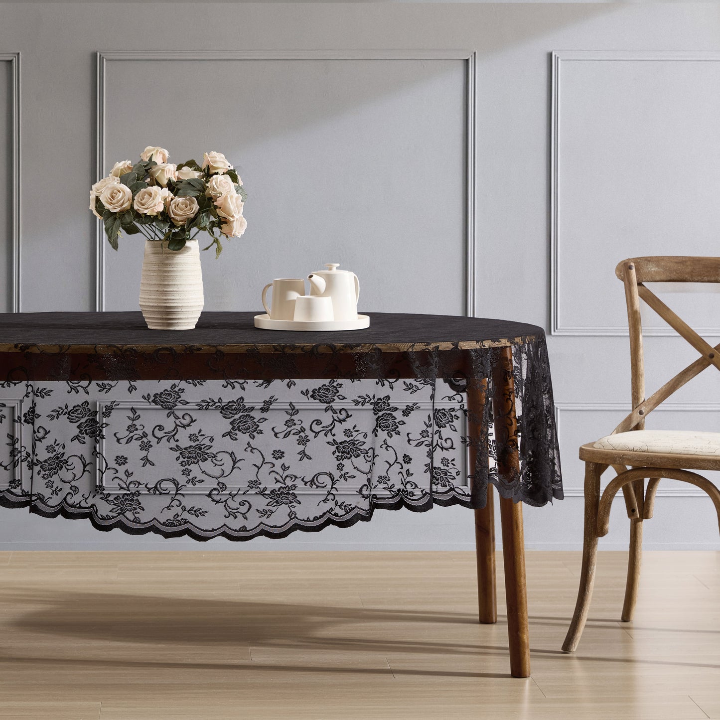 Harper Floral Lace Fabric Scalloped Tablecloth