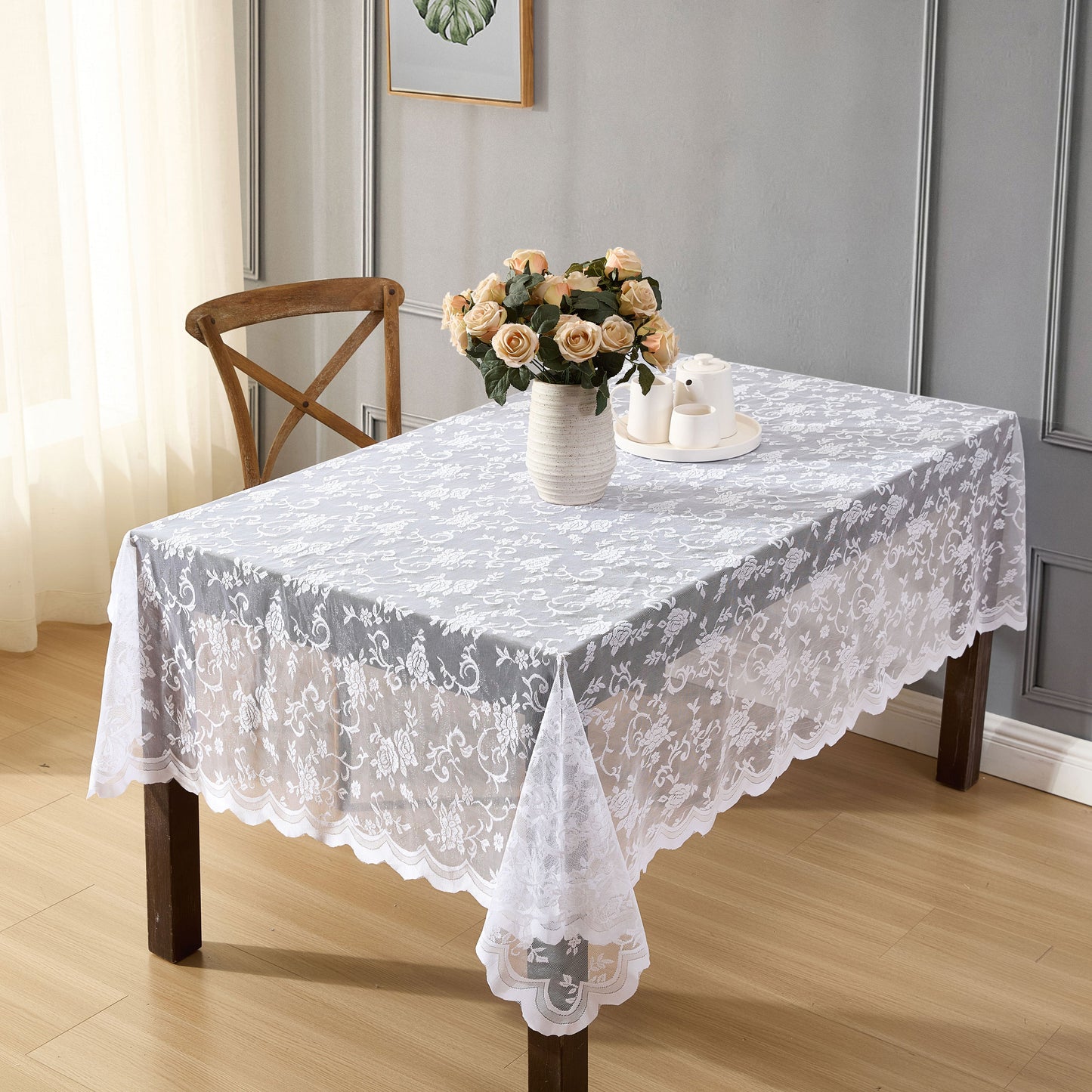 Harper Floral Lace Fabric Scalloped Tablecloth