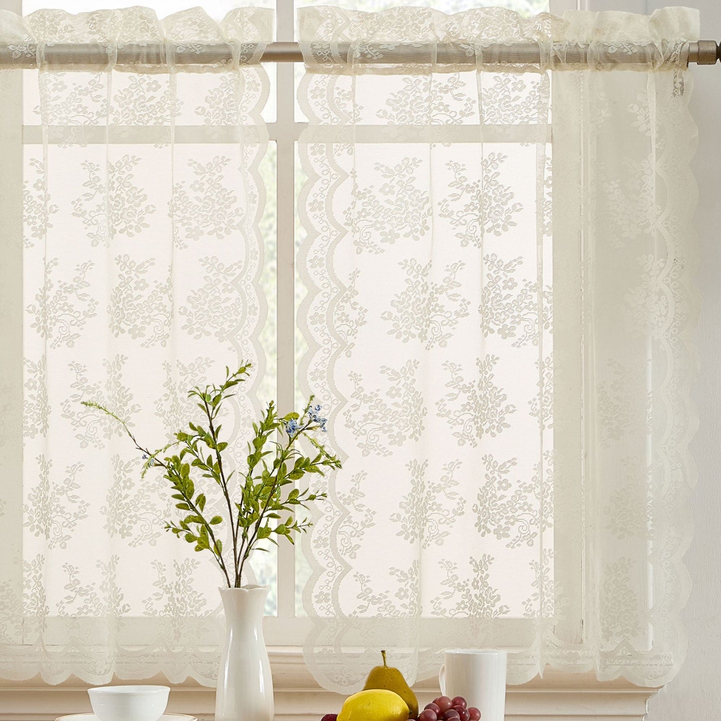 Jolene Floral Sheer Rod Pocket Lace Tiers