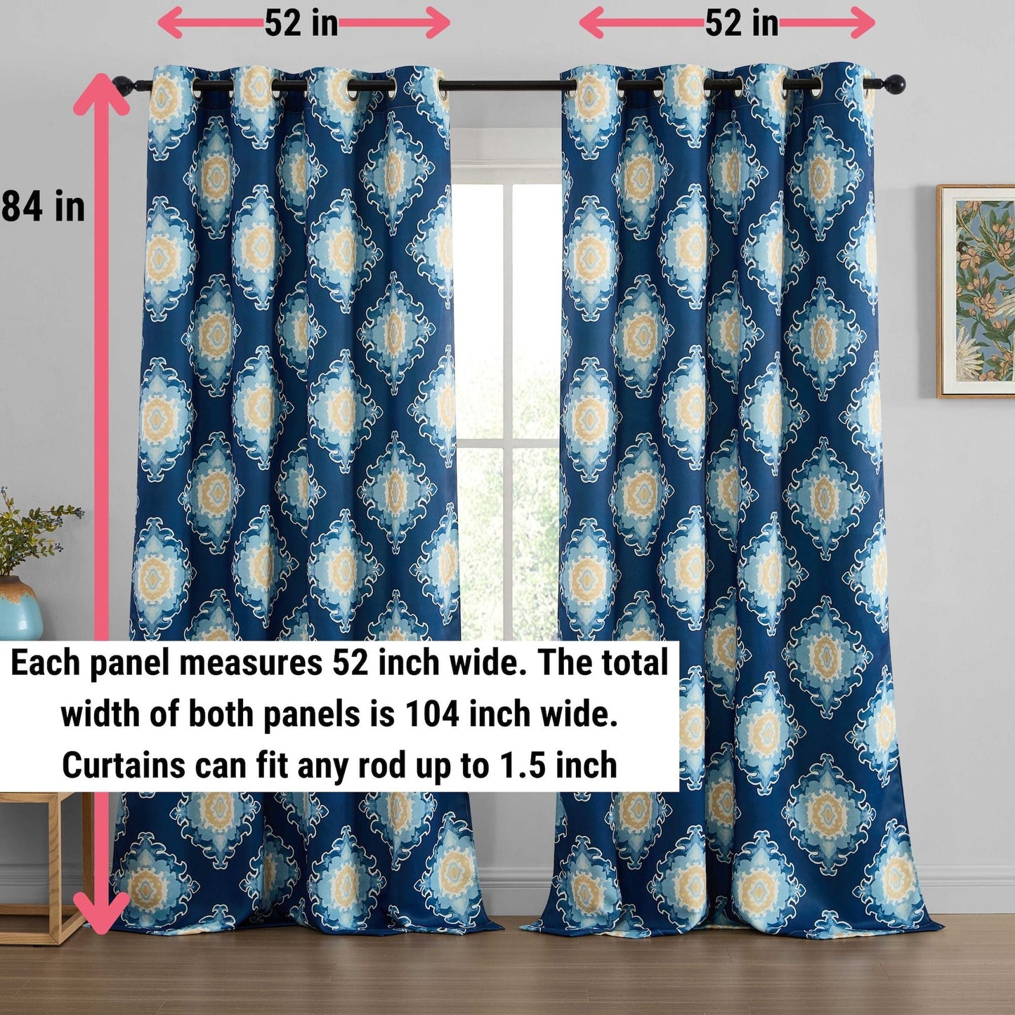 Liam Ogee Medallion Geometric Damask Grommet Room Darkening Window Curtains - Pair