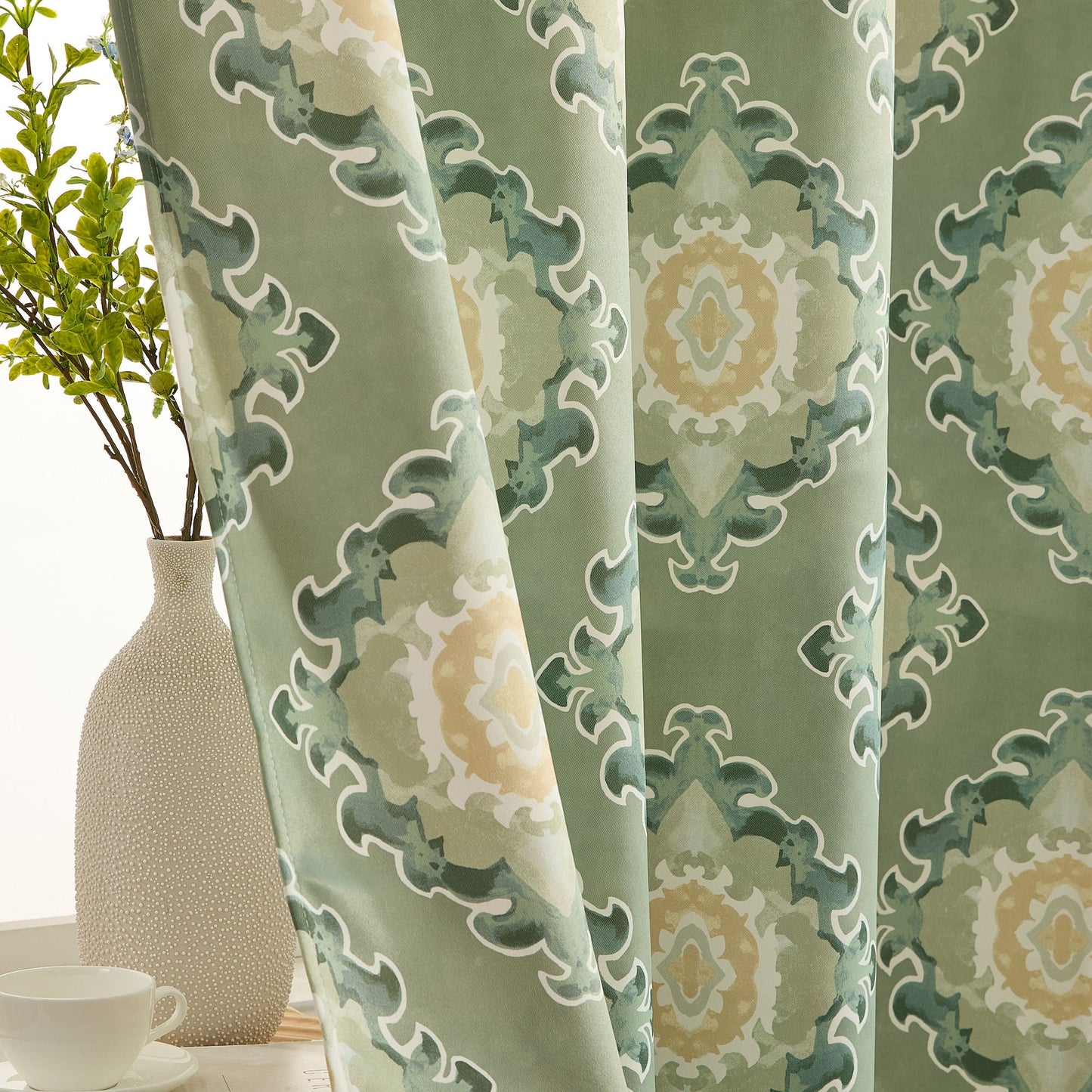 Liam Ogee Medallion Geometric Damask Grommet Room Darkening Window Curtains - Pair