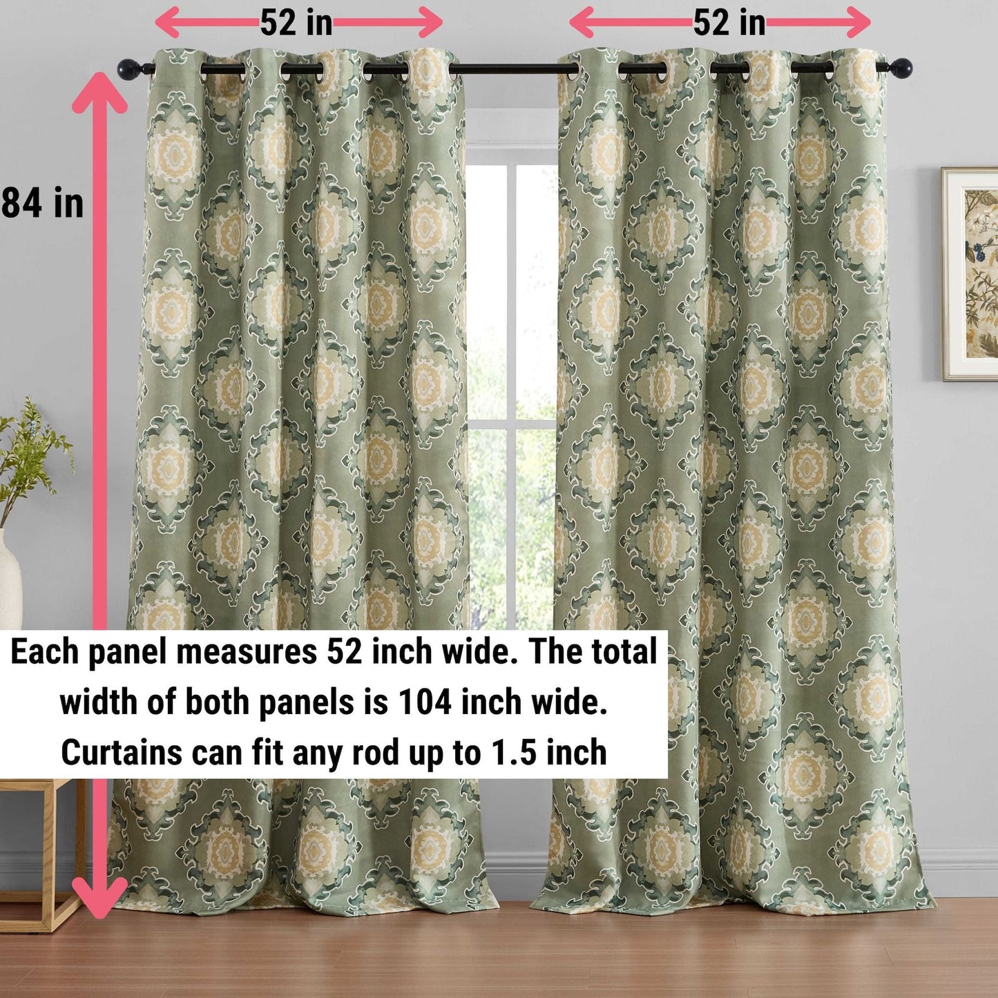 Liam Ogee Medallion Geometric Damask Grommet Room Darkening Window Curtains - Pair