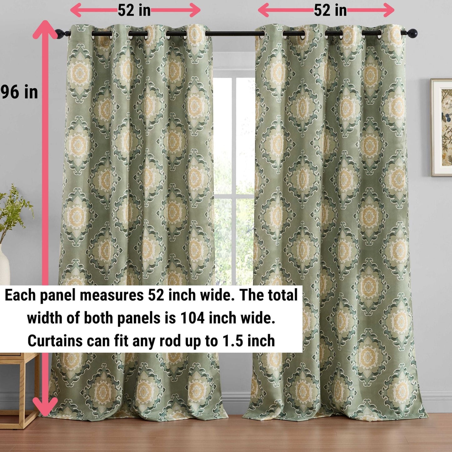 Liam Ogee Medallion Geometric Damask Grommet Room Darkening Window Curtains - Pair