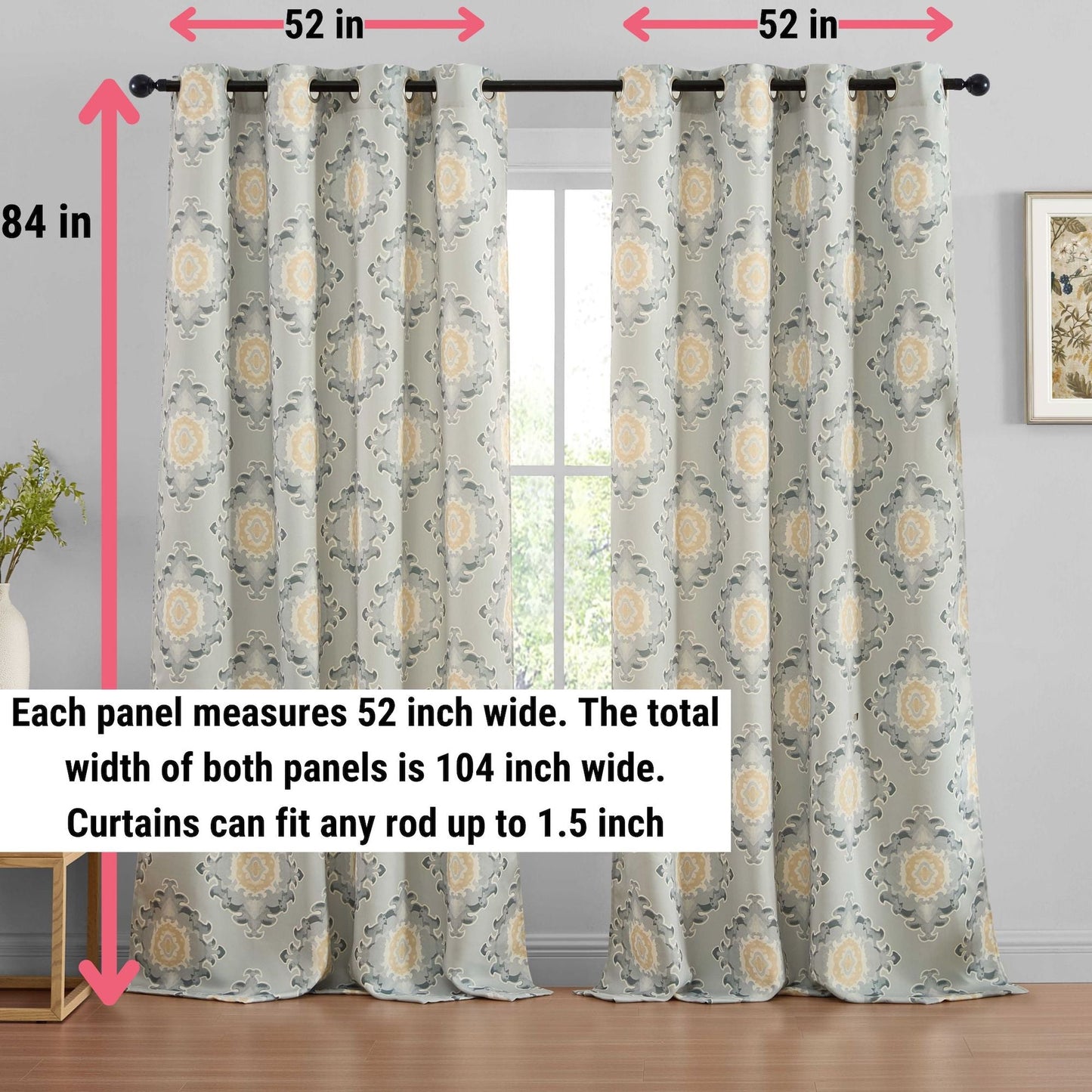 Liam Ogee Medallion Geometric Damask Grommet Room Darkening Window Curtains - Pair