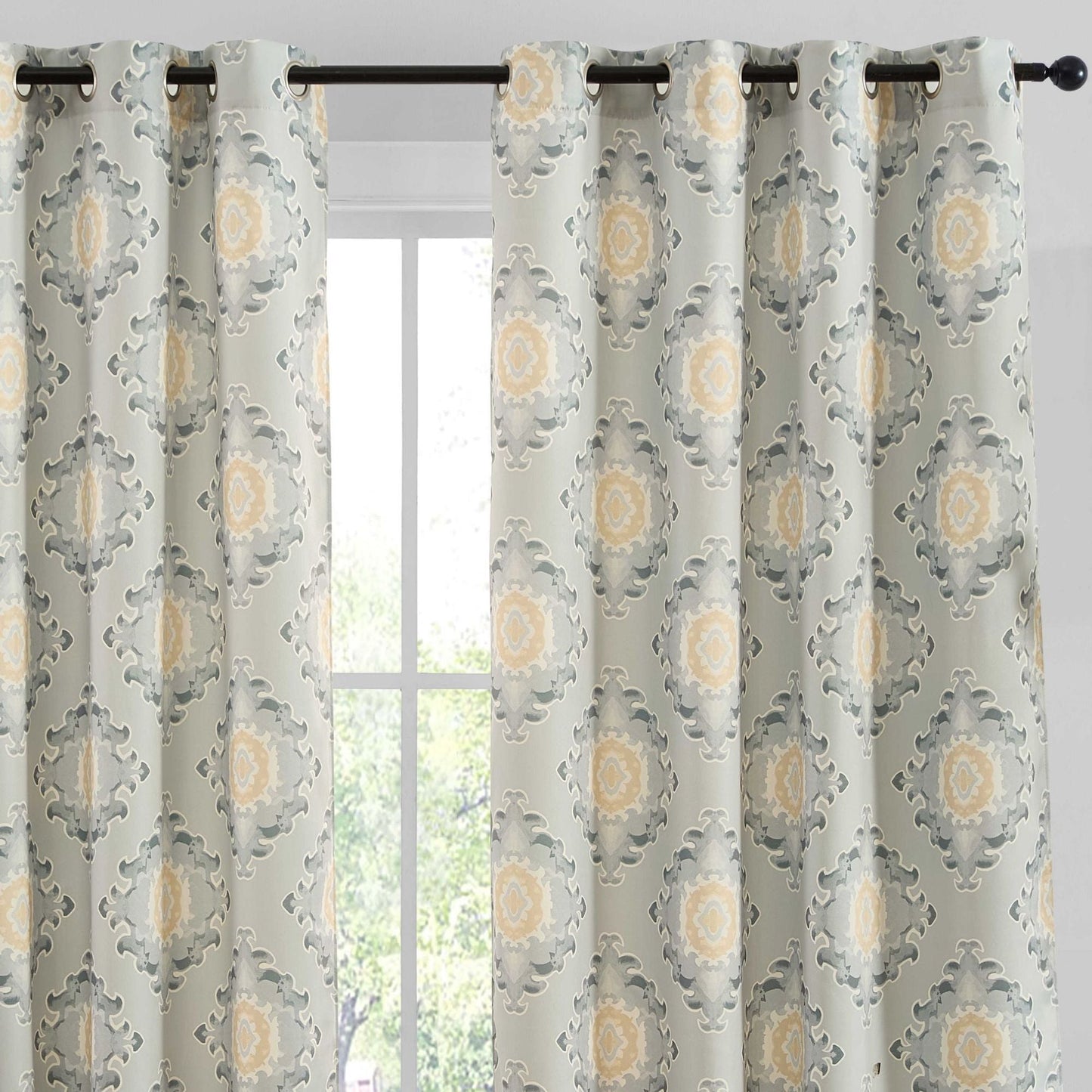 Liam Ogee Medallion Geometric Damask Grommet Room Darkening Window Curtains - Pair