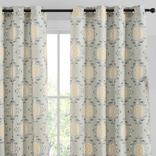 Liam Ogee Medallion Geometric Damask Grommet Room Darkening Window Curtains - Pair