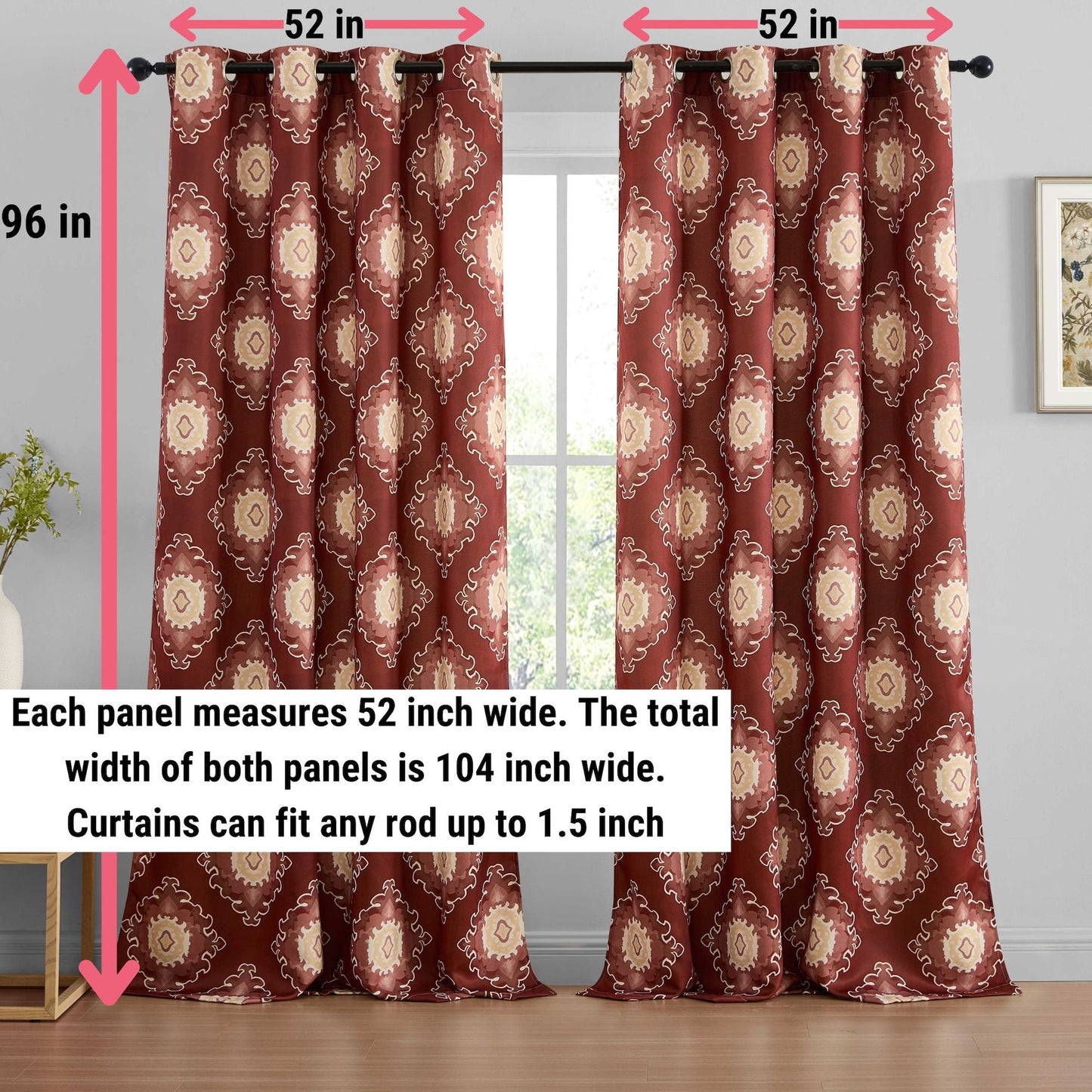 Liam Ogee Medallion Geometric Damask Grommet Room Darkening Window Curtains - Pair
