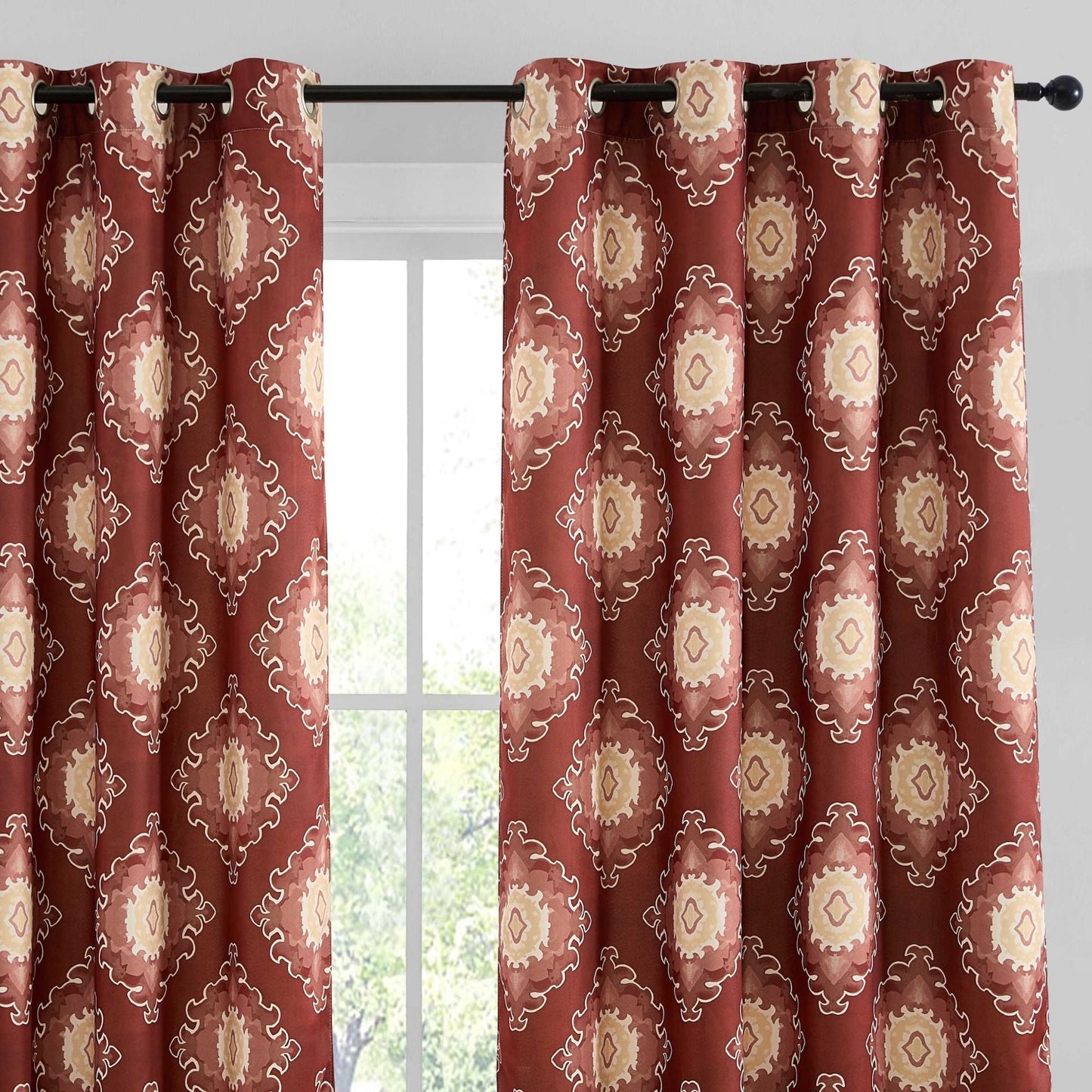 Liam Ogee Medallion Geometric Damask Grommet Room Darkening Window Curtains - Pair