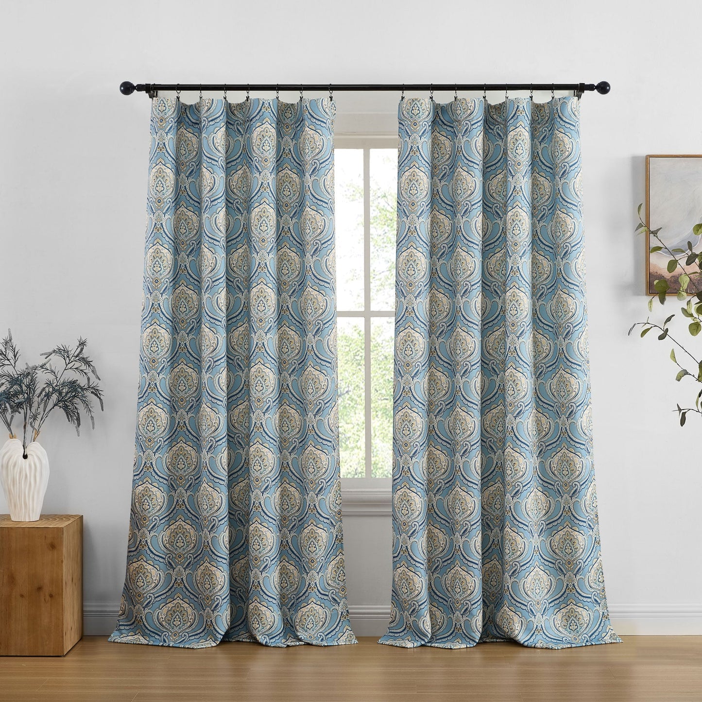 Messina Medallion Paisley Floral Damask Back Tab Rod Pocket Room Darkening Window Curtains - Pair