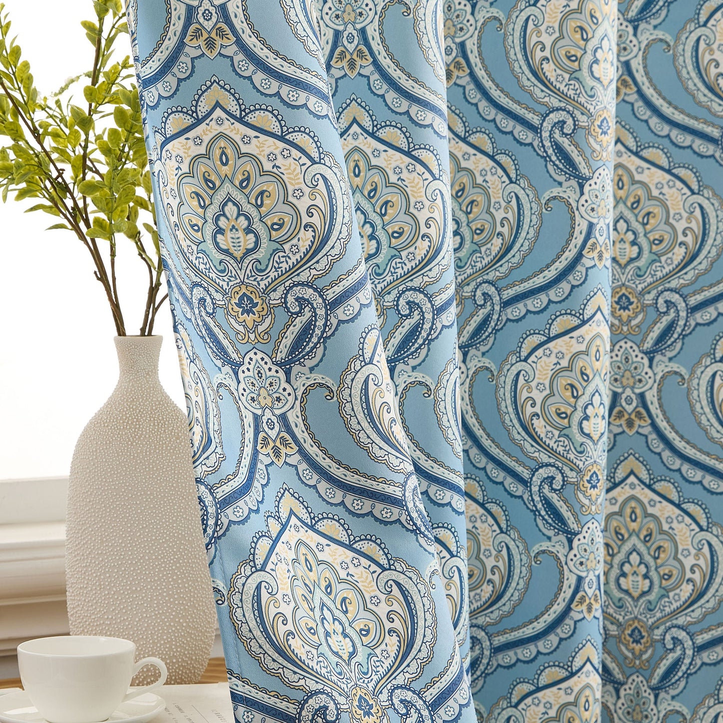 Messina Medallion Paisley Floral Damask Back Tab Rod Pocket Room Darkening Window Curtains - Pair
