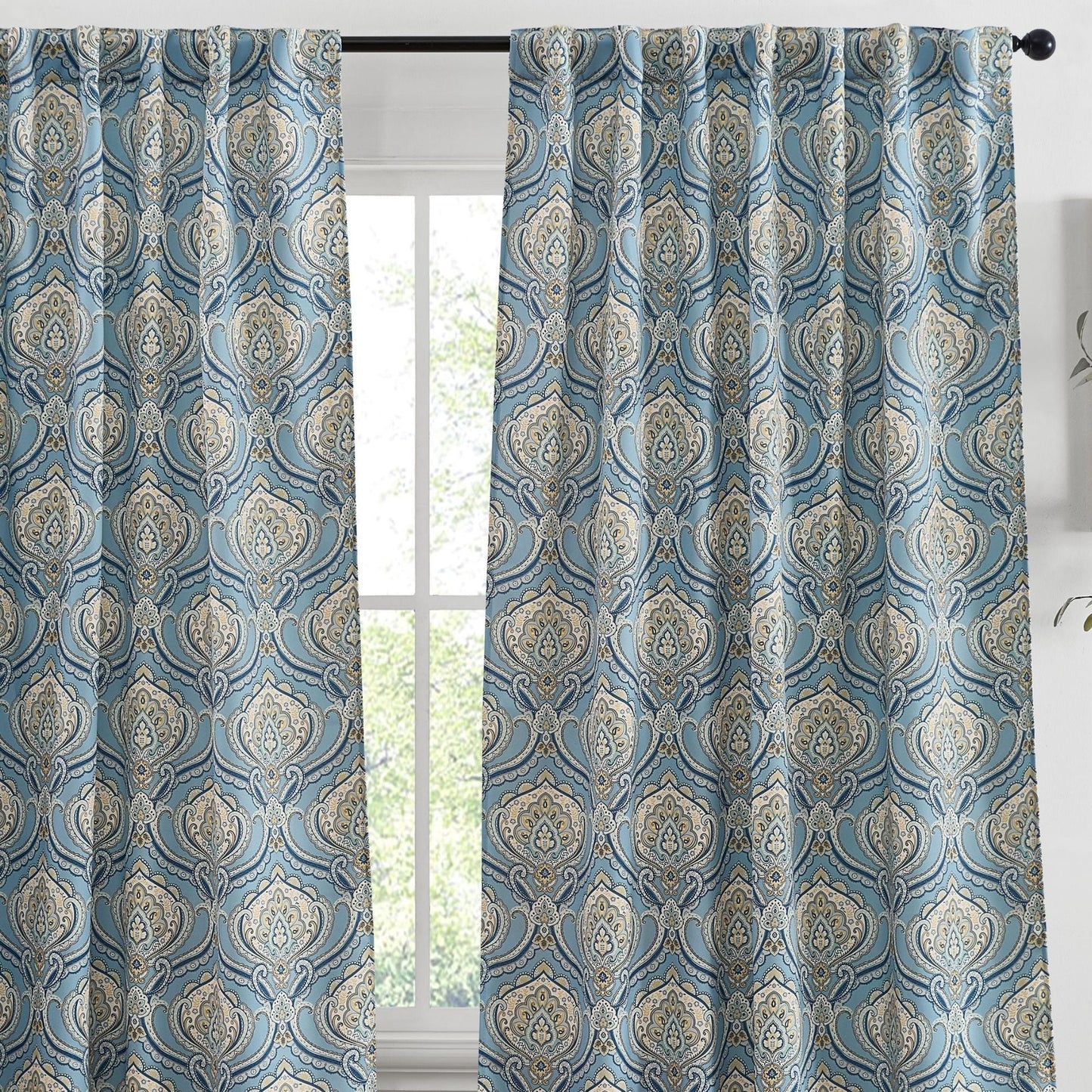 Messina Medallion Paisley Floral Damask Back Tab Rod Pocket Room Darkening Window Curtains - Pair