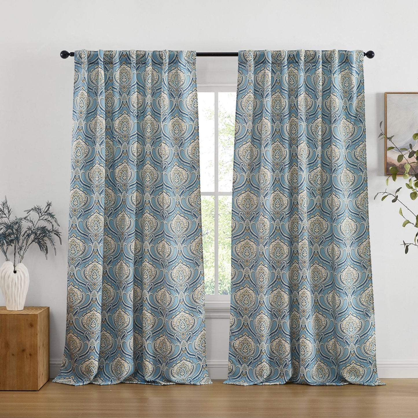 Messina Medallion Paisley Floral Damask Back Tab Rod Pocket Room Darkening Window Curtains - Pair