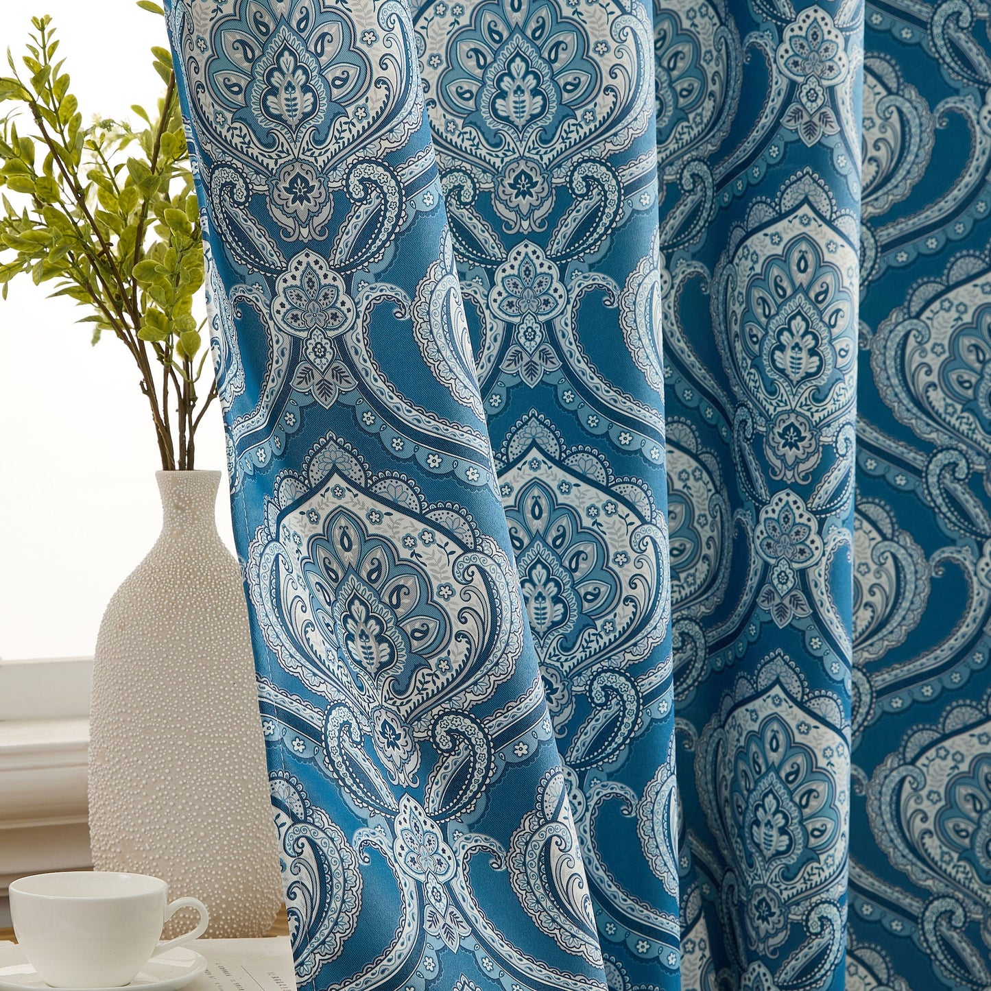 Messina Medallion Paisley Floral Damask Back Tab Rod Pocket Room Darkening Window Curtains - Pair