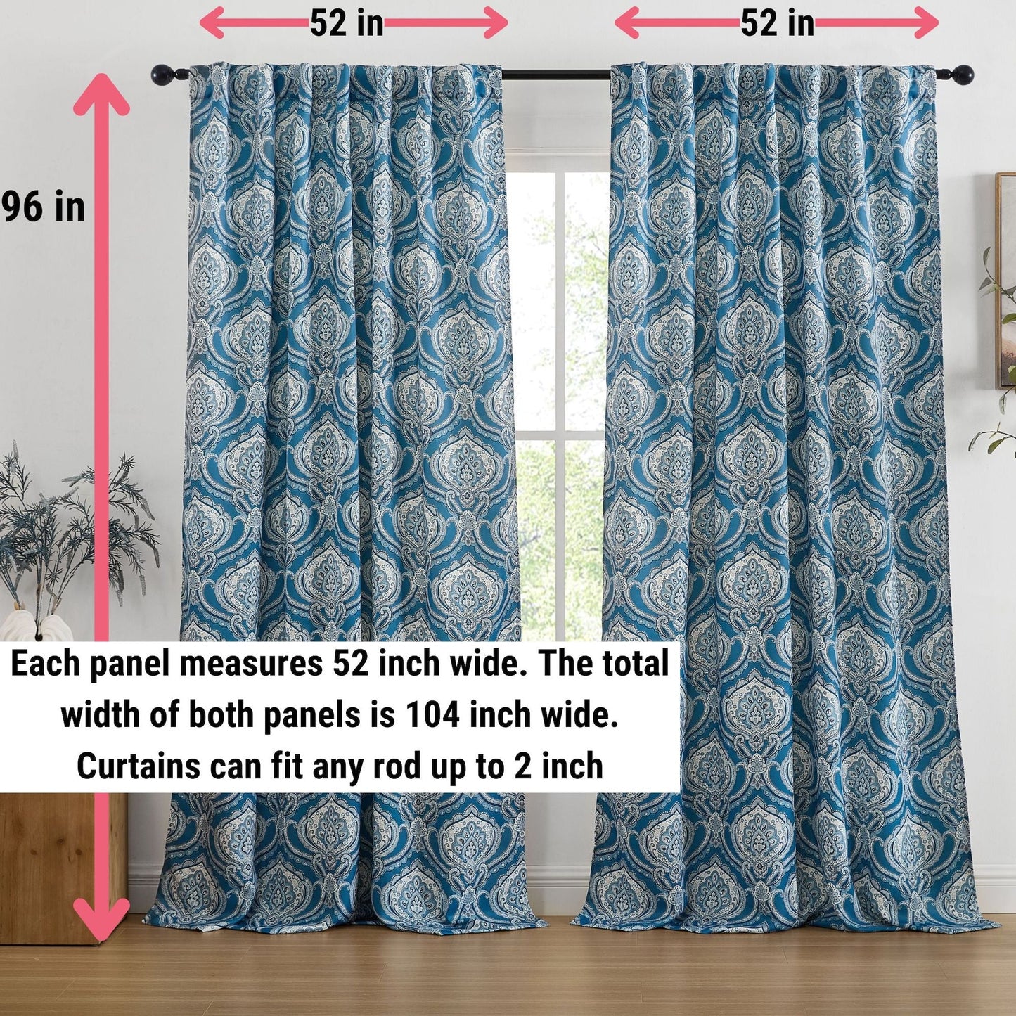 Messina Medallion Paisley Floral Damask Back Tab Rod Pocket Room Darkening Window Curtains - Pair