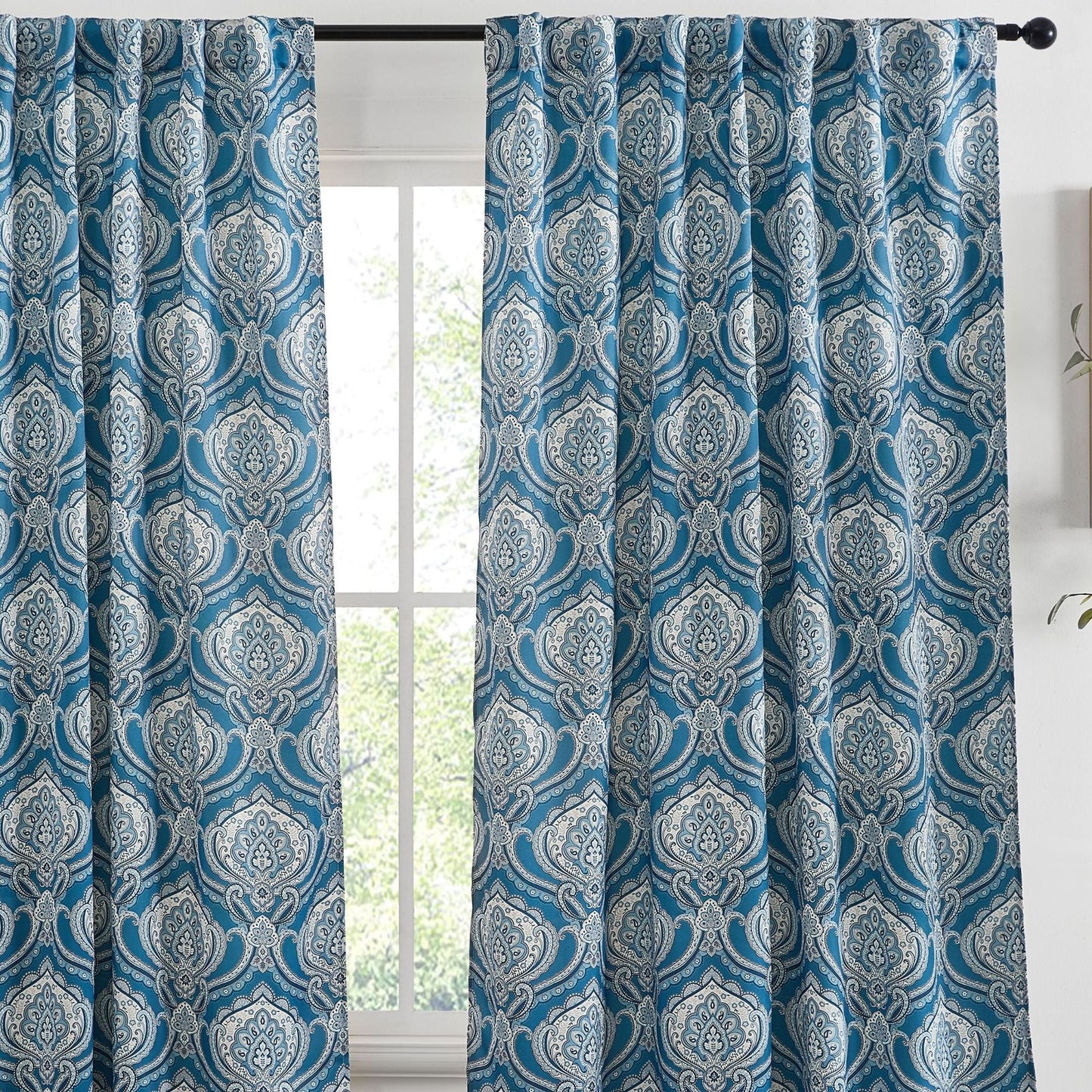 Messina Medallion Paisley Floral Damask Back Tab Rod Pocket Room Darkening Window Curtains - Pair