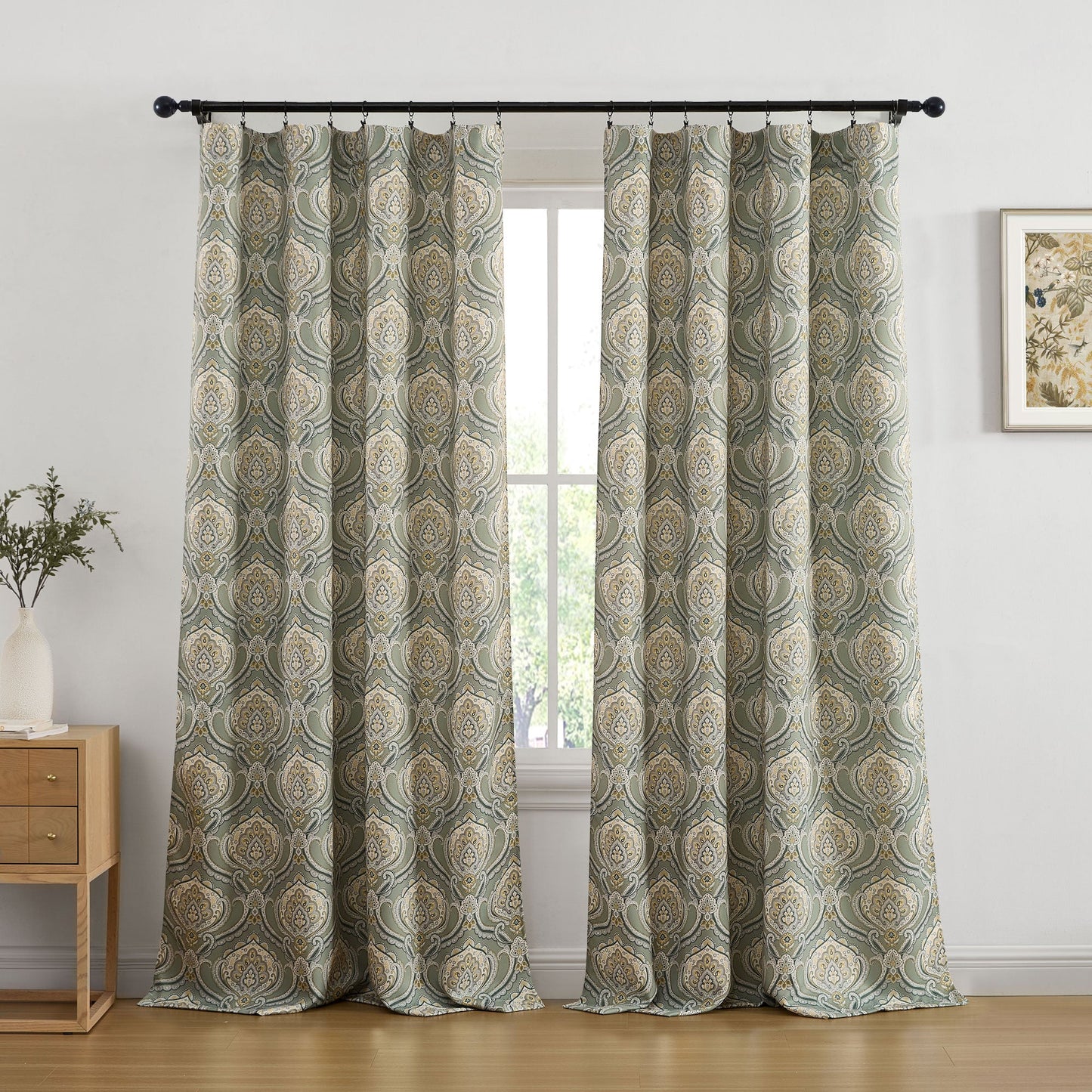 Messina Medallion Paisley Floral Damask Back Tab Rod Pocket Room Darkening Window Curtains - Pair
