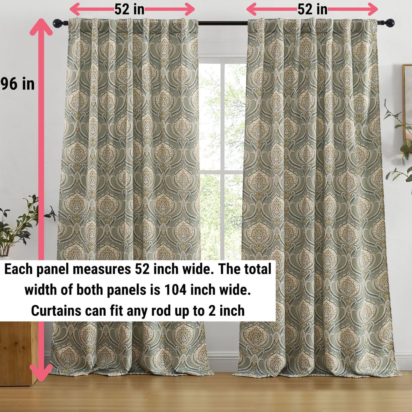 Messina Medallion Paisley Floral Damask Back Tab Rod Pocket Room Darkening Window Curtains - Pair