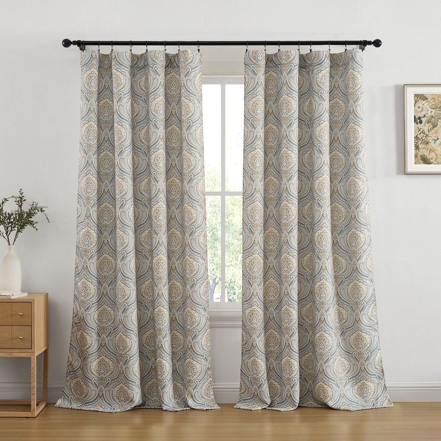 Messina Medallion Paisley Floral Damask Back Tab Rod Pocket Room Darkening Window Curtains - Pair