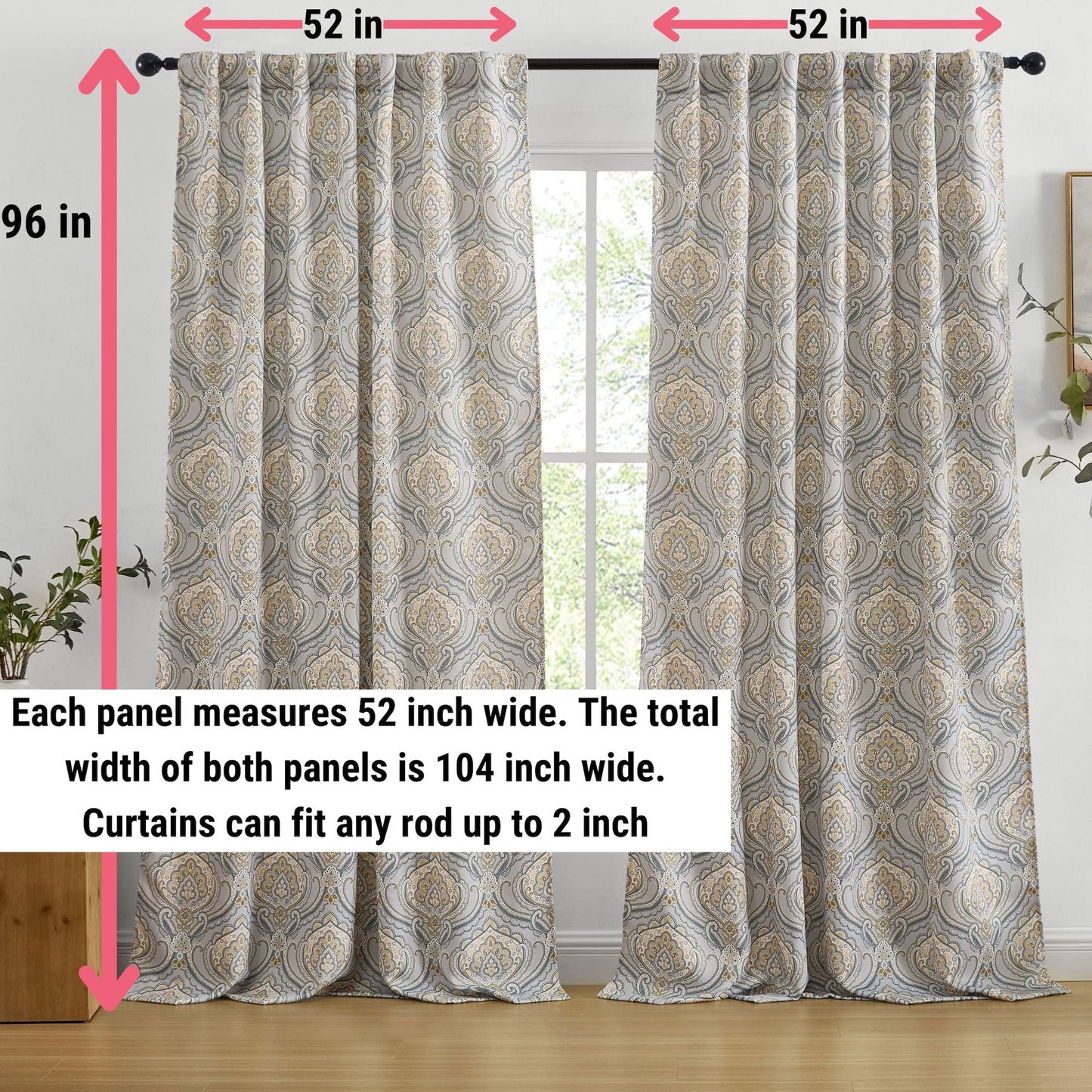 Messina Medallion Paisley Floral Damask Back Tab Rod Pocket Room Darkening Window Curtains - Pair