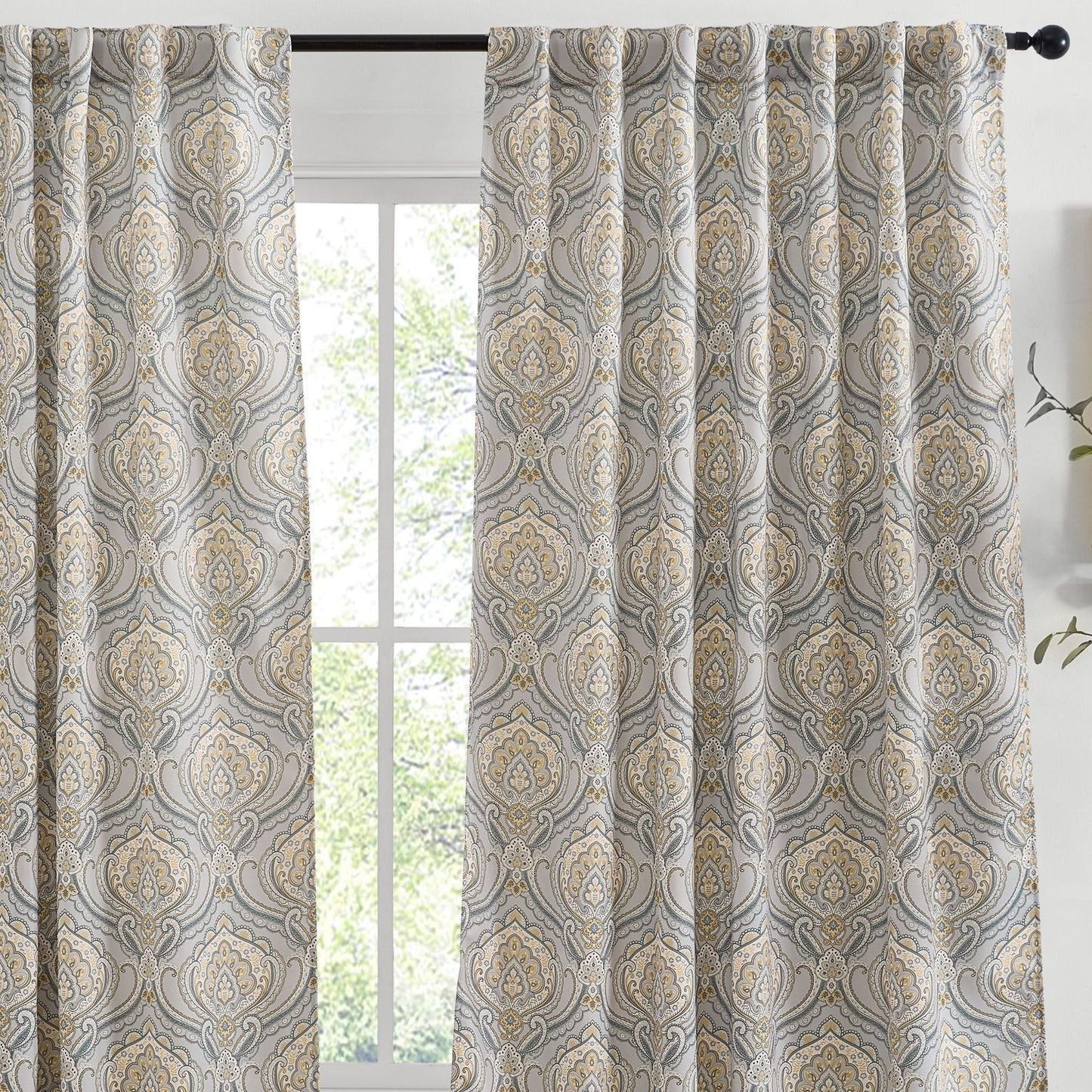 Messina Medallion Paisley Floral Damask Back Tab Rod Pocket Room Darkening Window Curtains - Pair