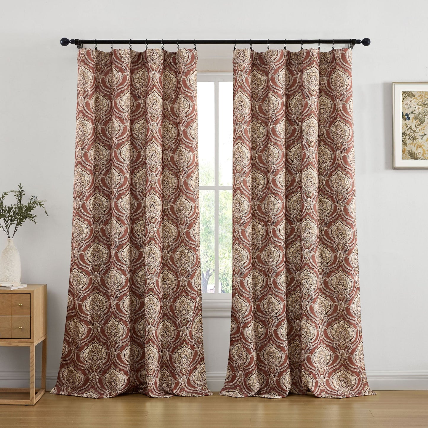 Messina Medallion Paisley Floral Damask Back Tab Rod Pocket Room Darkening Window Curtains - Pair