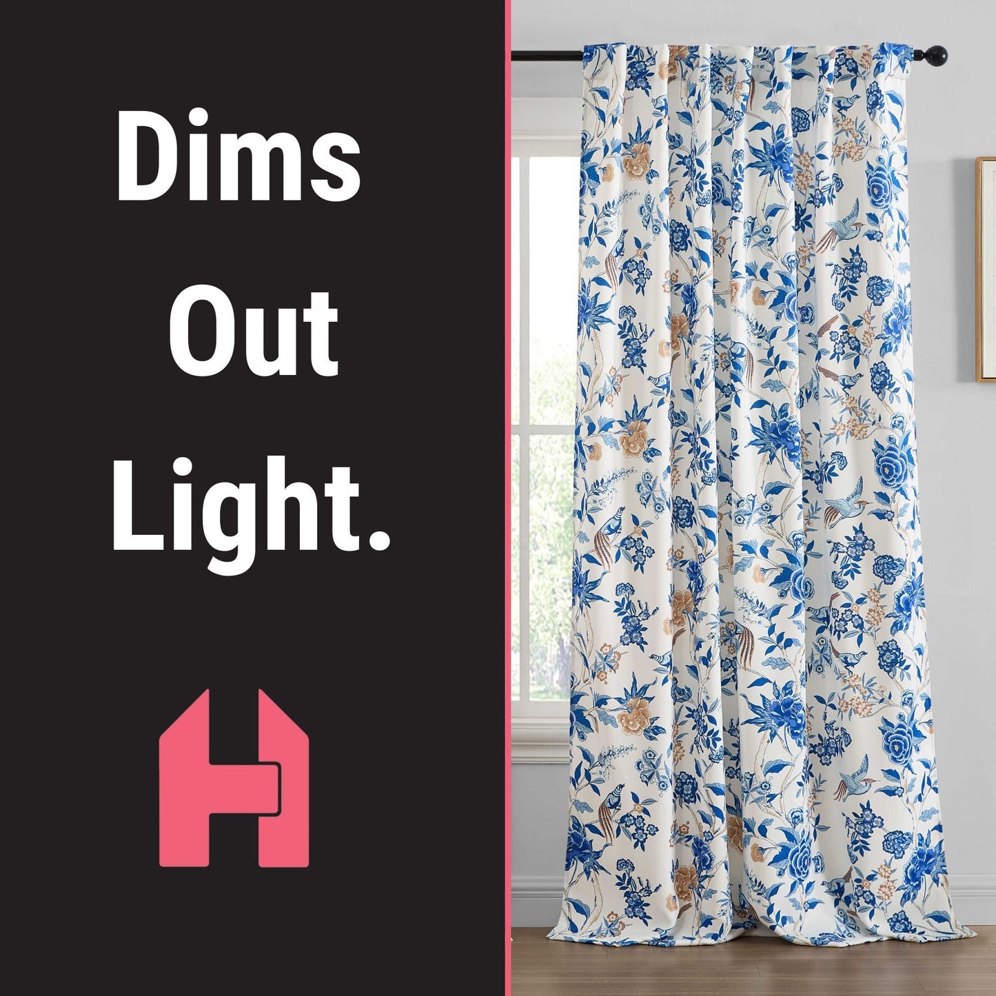 Scarlet Floral & Birds Back Tab Rod Pocket Room Darkening Window Curtains - Pair