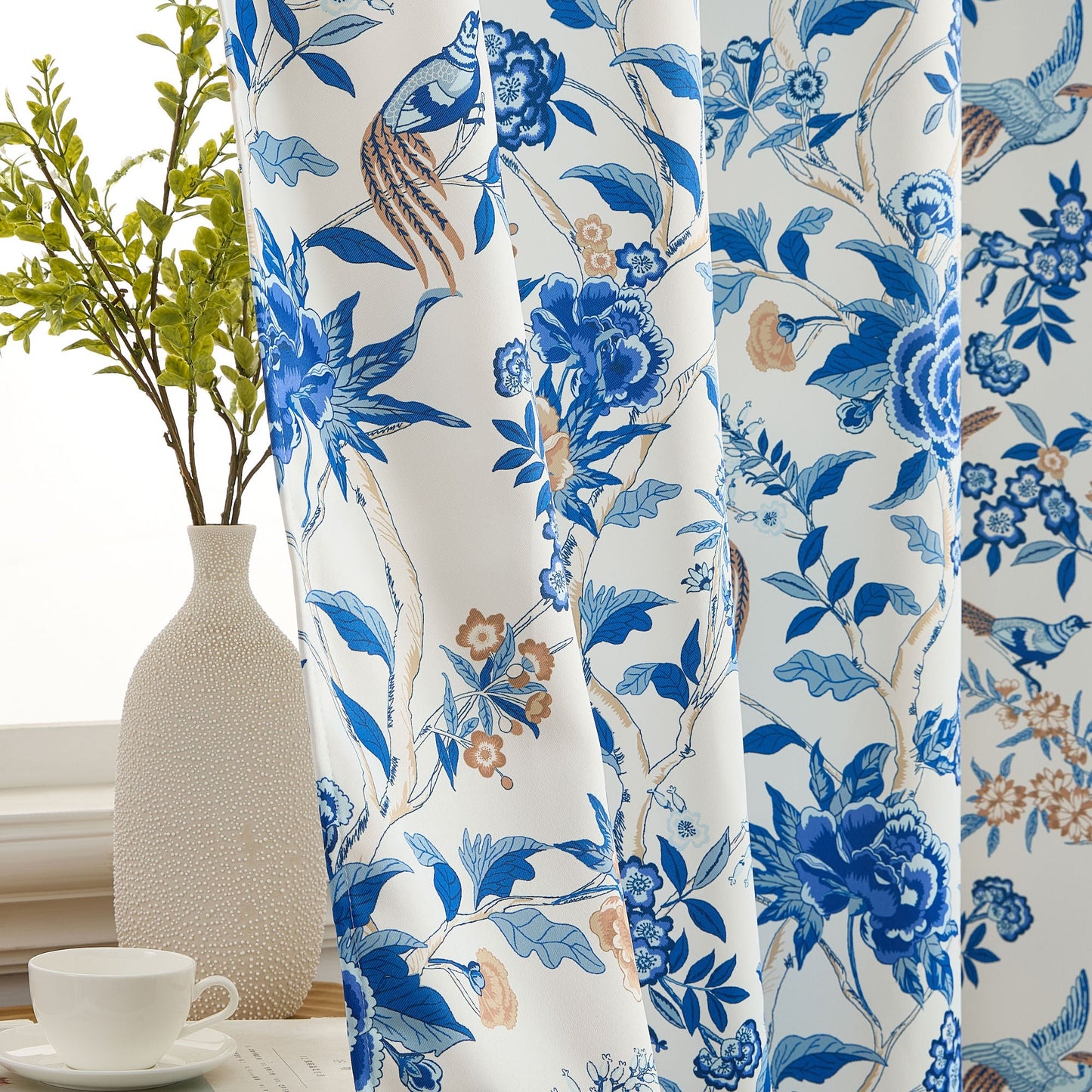 Scarlet Floral & Birds Back Tab Rod Pocket Room Darkening Window Curtains - Pair