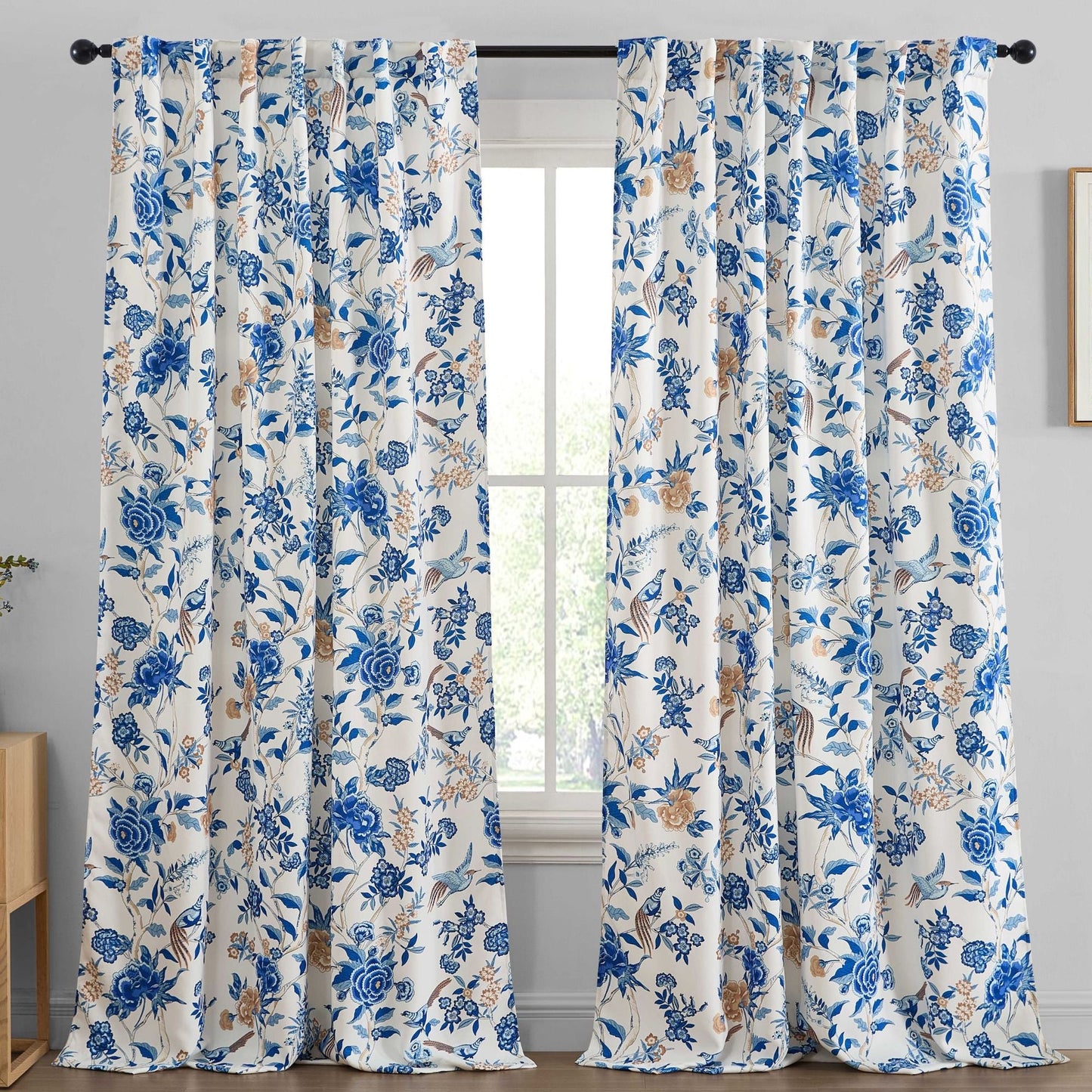 Scarlet Floral & Birds Back Tab Rod Pocket Room Darkening Window Curtains - Pair