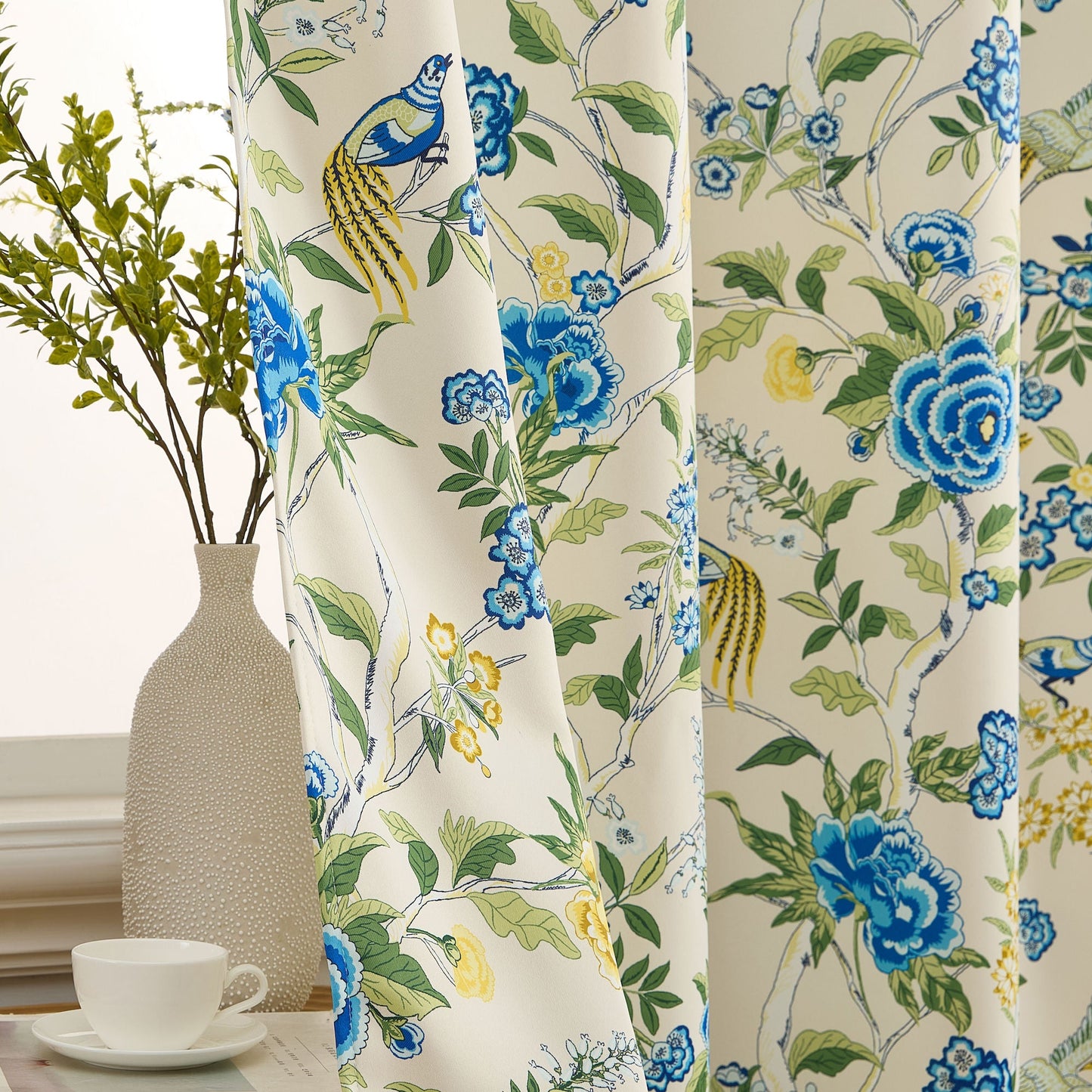Scarlet Floral & Birds Back Tab Rod Pocket Room Darkening Window Curtains - Pair