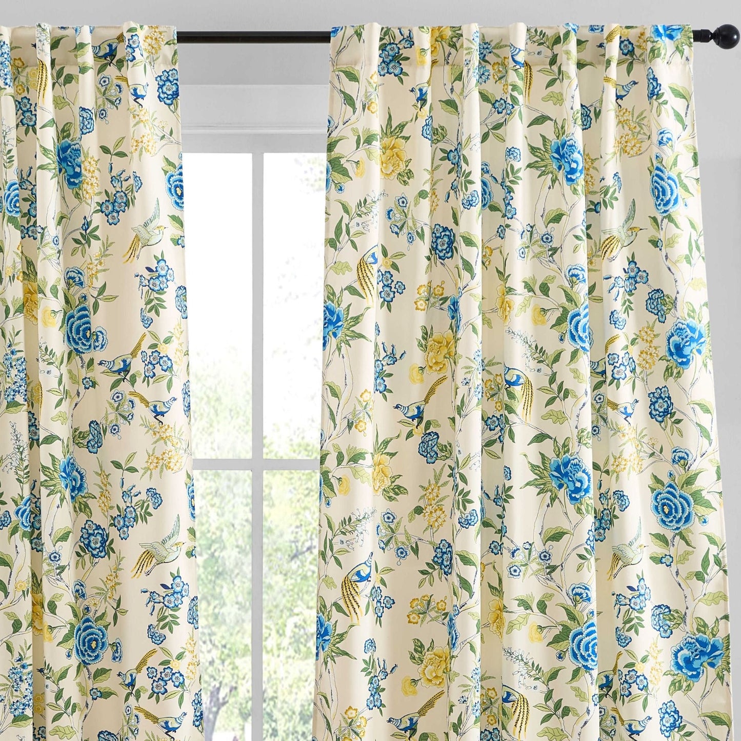 Scarlet Floral & Birds Back Tab Rod Pocket Room Darkening Window Curtains - Pair