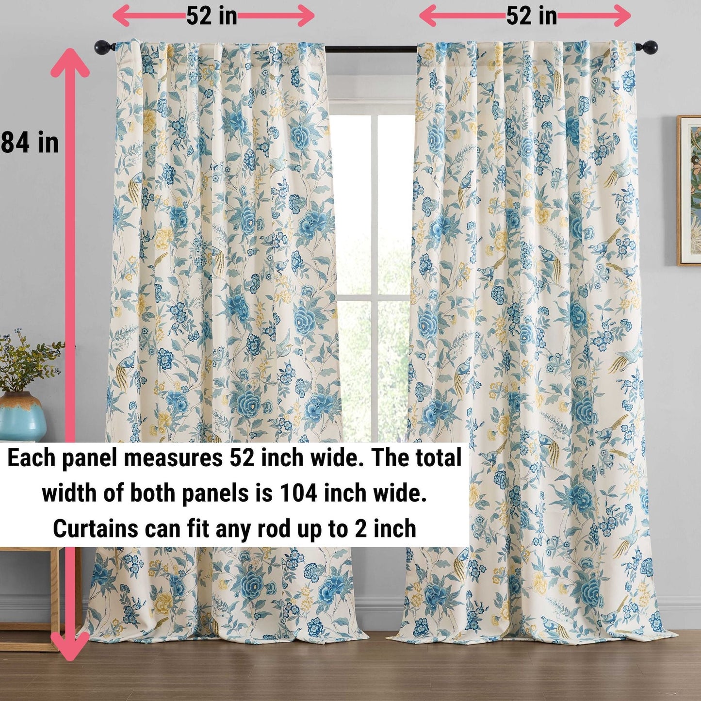 Scarlet Floral & Birds Back Tab Rod Pocket Room Darkening Window Curtains - Pair