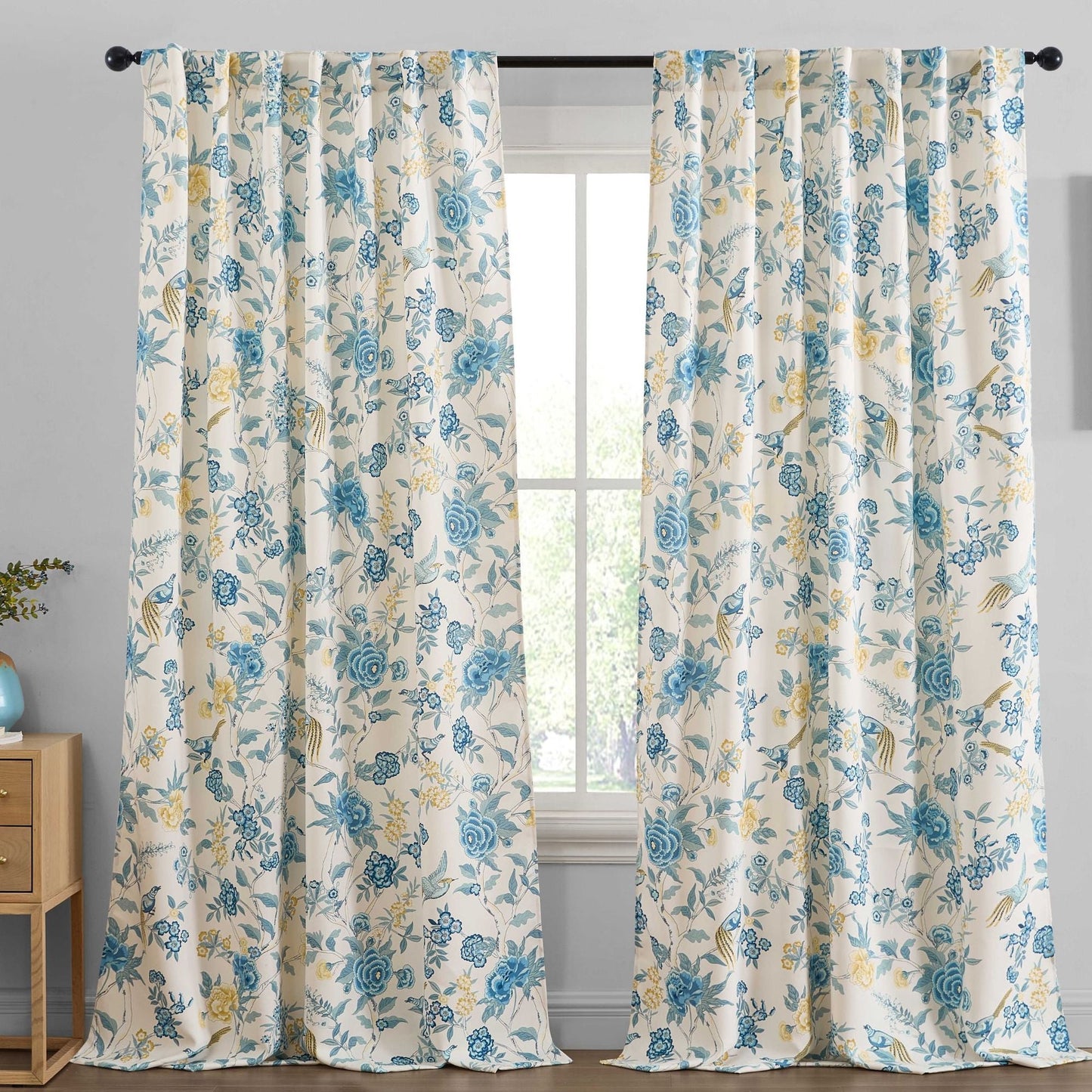 Scarlet Floral & Birds Back Tab Rod Pocket Room Darkening Window Curtains - Pair