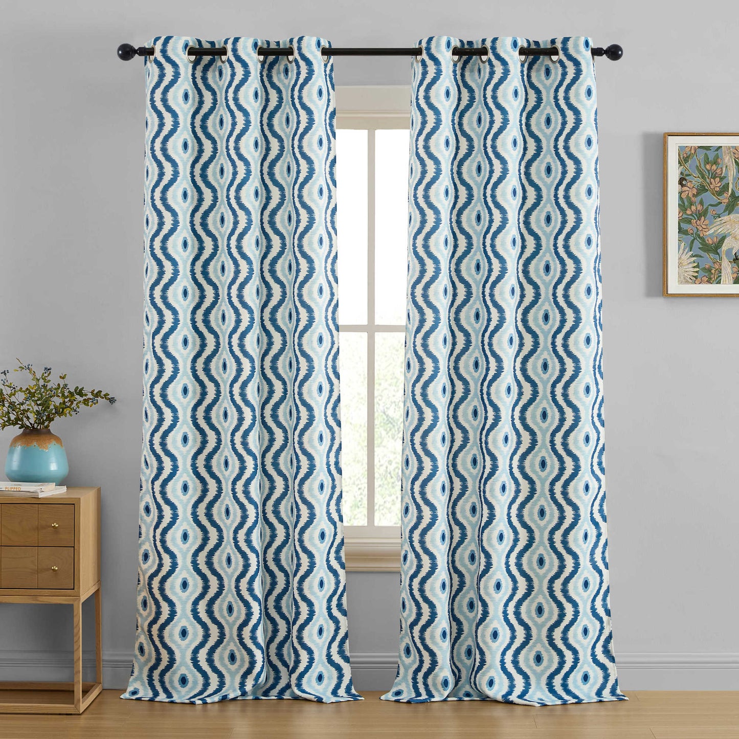 Tanner Ogee Boho Geometric Damask Grommet Room Darkening Window Curtains - Pair