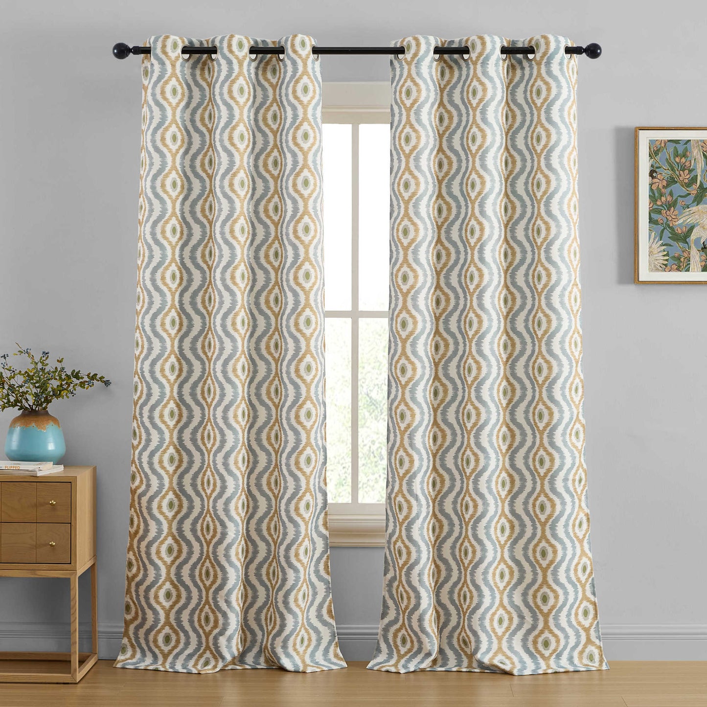 Tanner Ogee Boho Geometric Damask Grommet Room Darkening Window Curtains - Pair