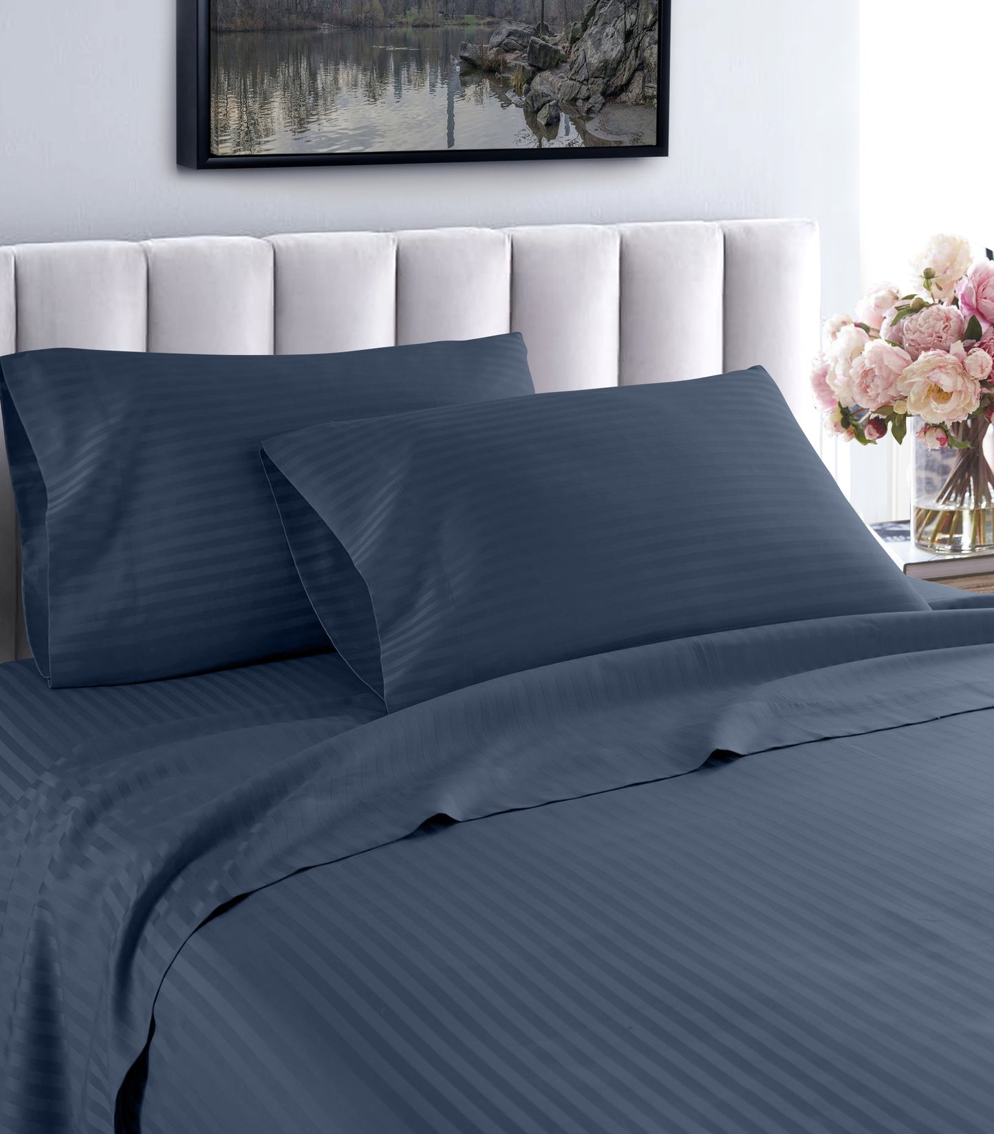 Sábanas de algodón a rayas estilo hotel de 1200 hilos Life Style – Juego de cama de lujo con bolsillos profundos